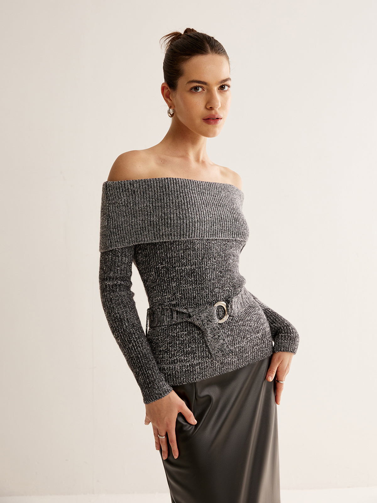 Off-Shoulder Belted Sweater