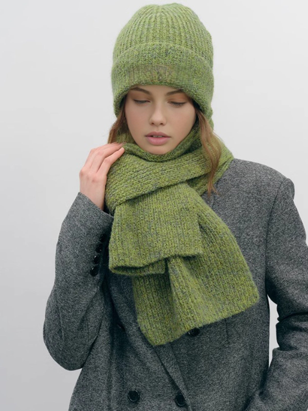 Plain Warm Knit Hat With Scarf