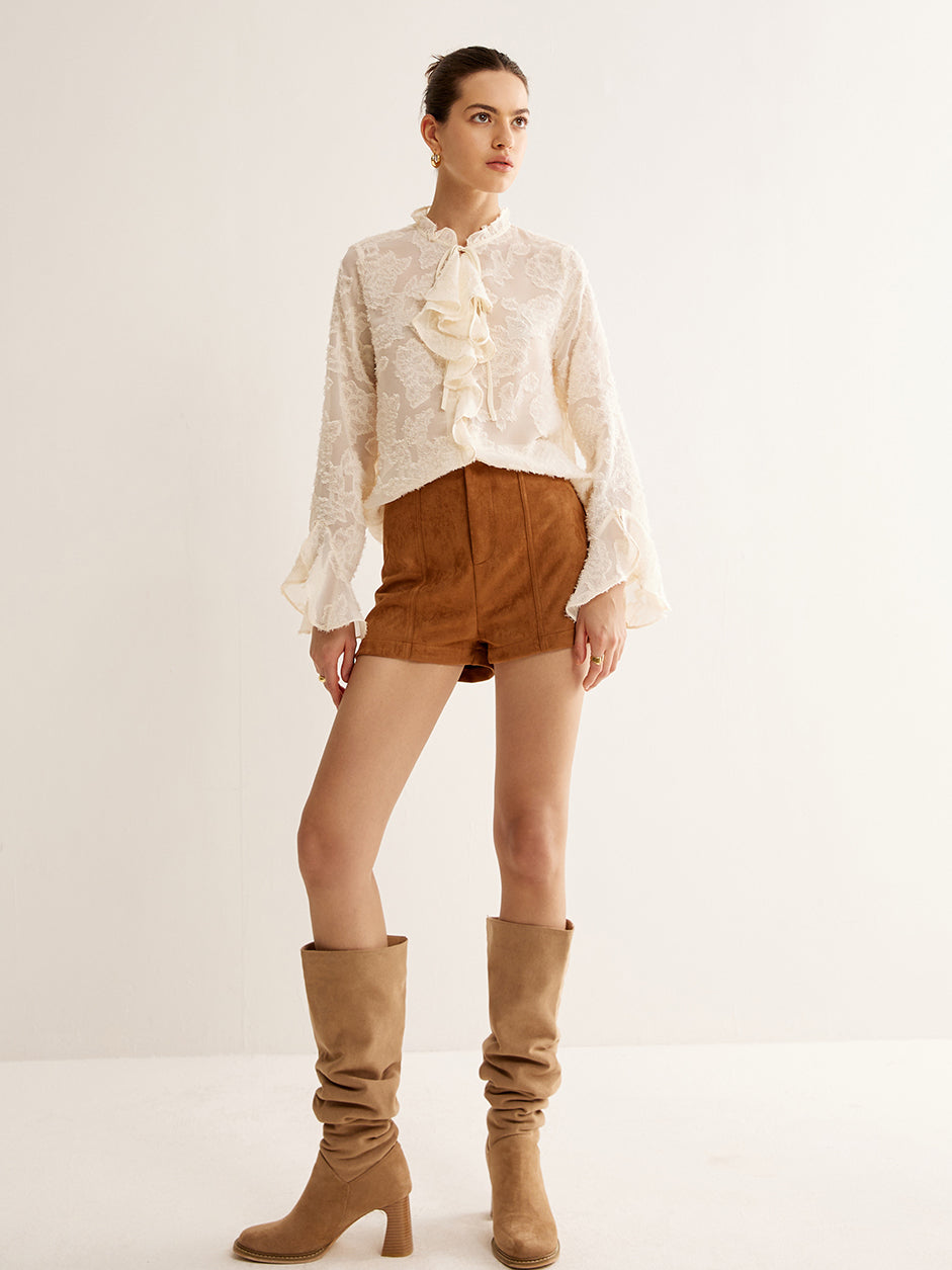 Jacquard Ruffle Long Sleeve Shirt