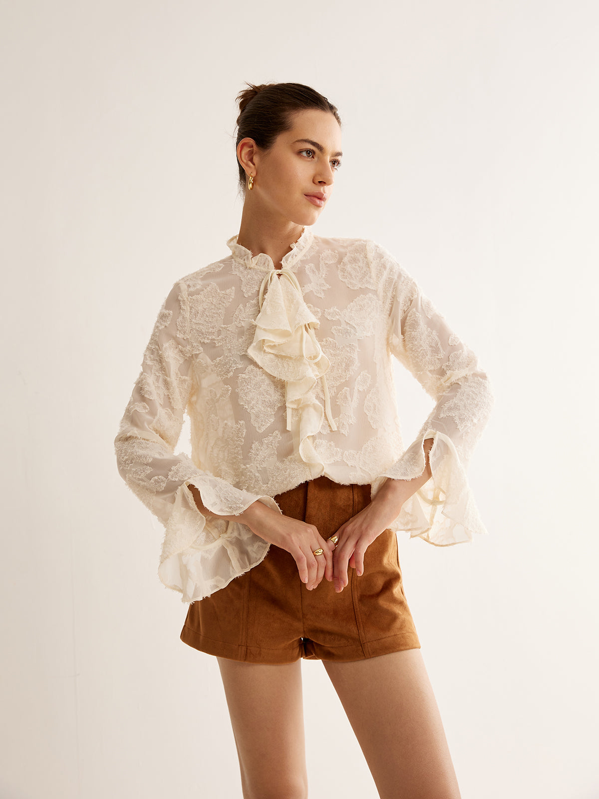 Jacquard Ruffle Long Sleeve Shirt