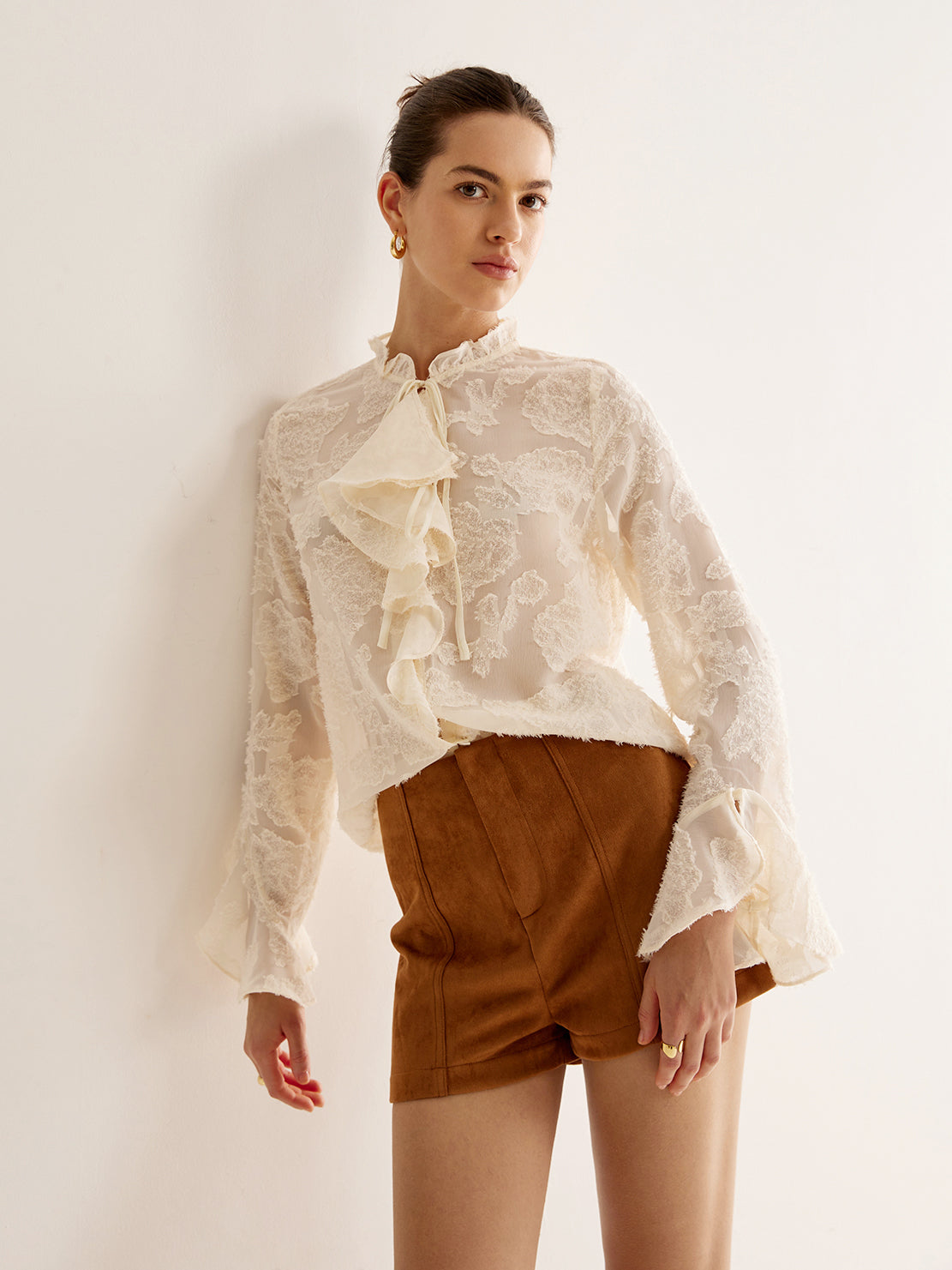 Jacquard Ruffle Long Sleeve Shirt