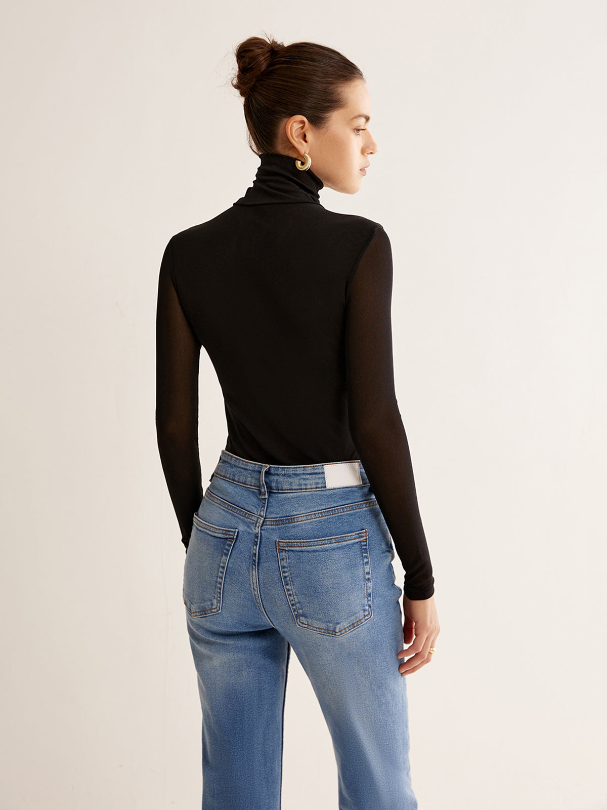 Turtleneck Sheer Sleeve Jersey Top