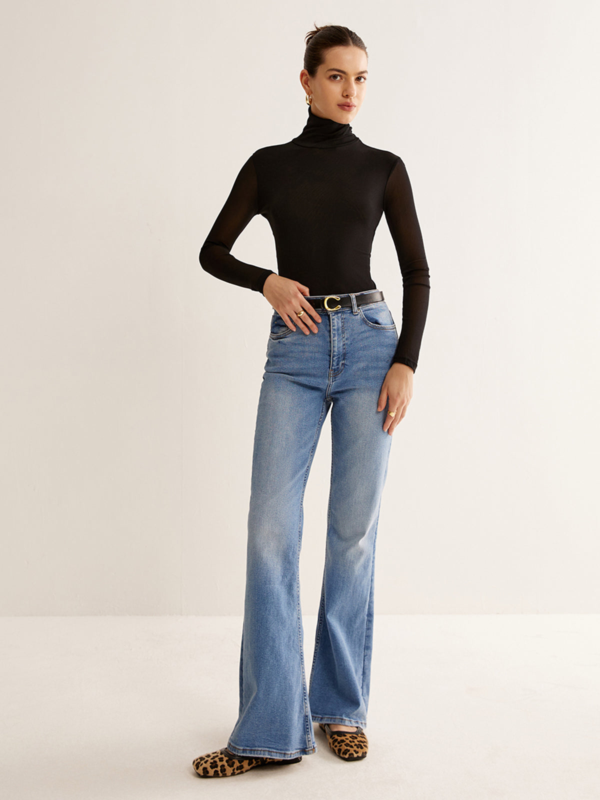 Turtleneck Sheer Sleeve Jersey Top