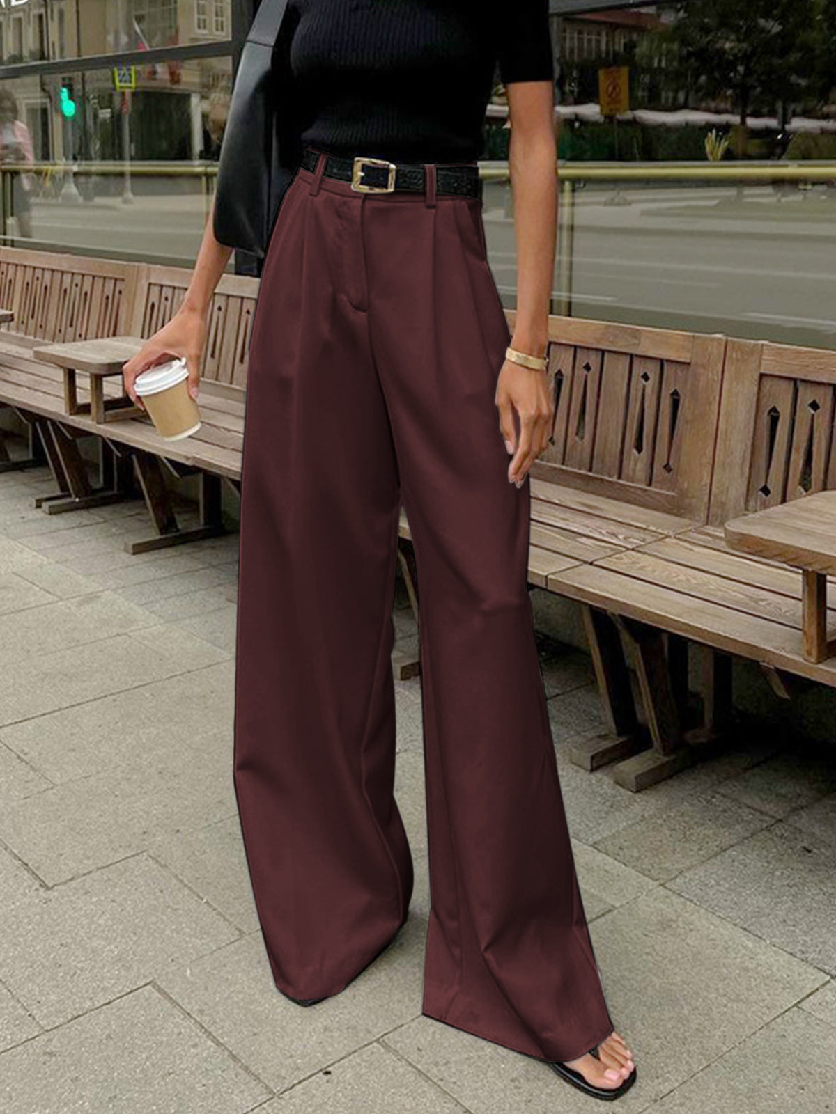 Solid Wide Leg Pants Without Belt