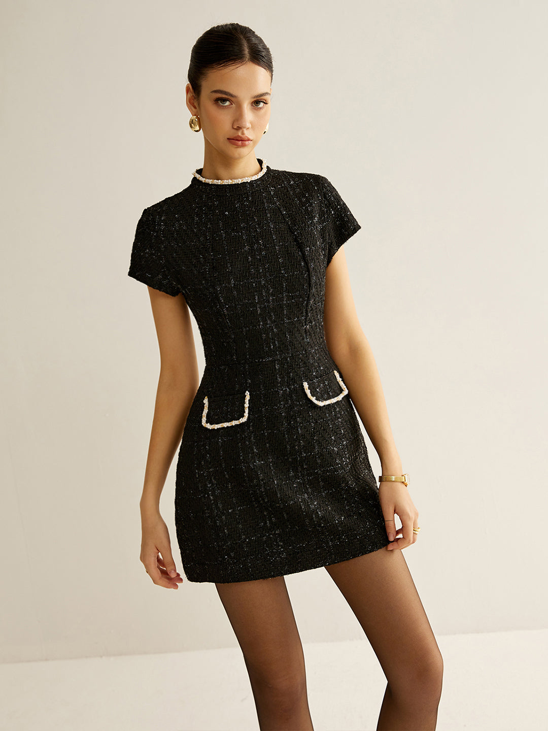 Elegant Short Sleeve Tweed Dress