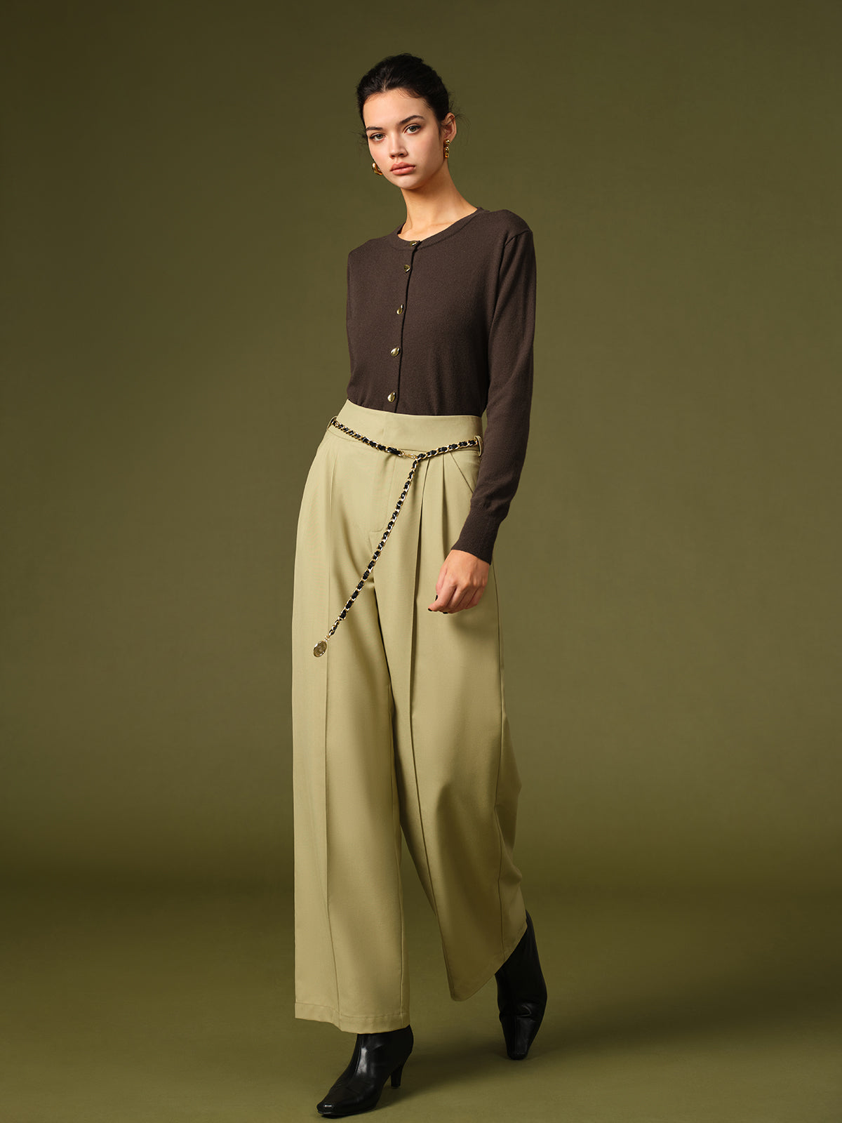 Chain Belted Wide-Leg Pants