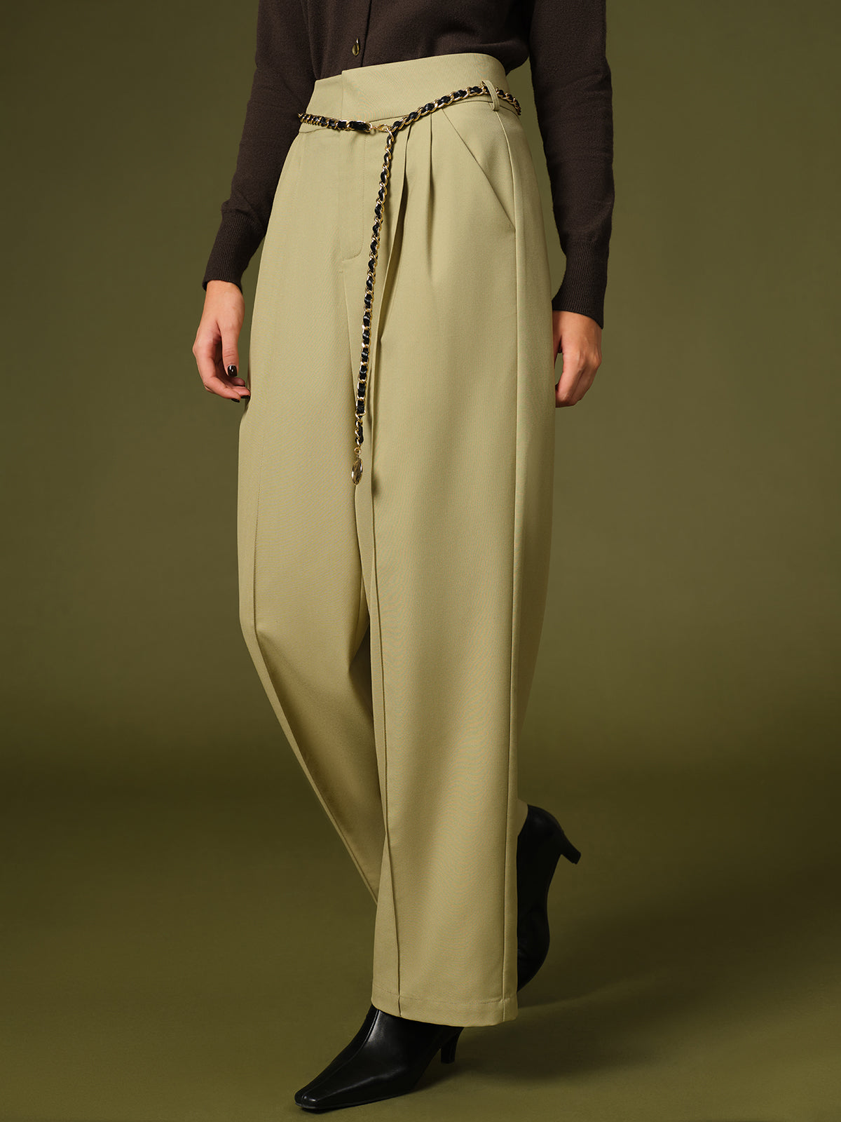 Chain Belted Wide-Leg Pants