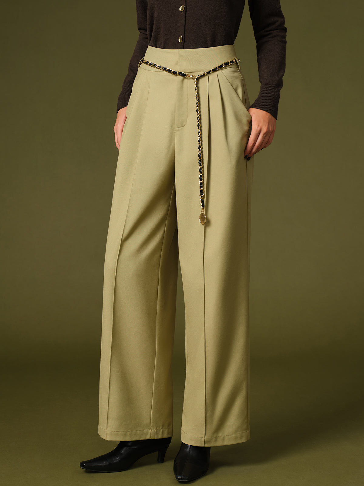 Chain Belted Wide-Leg Pants