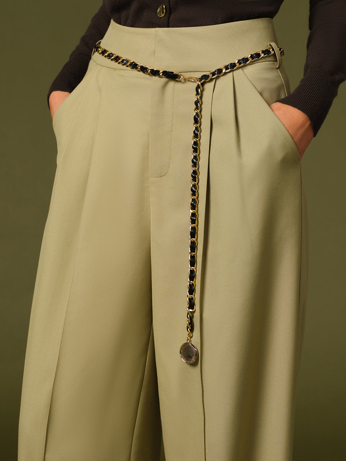 Chain Belted Wide-Leg Pants