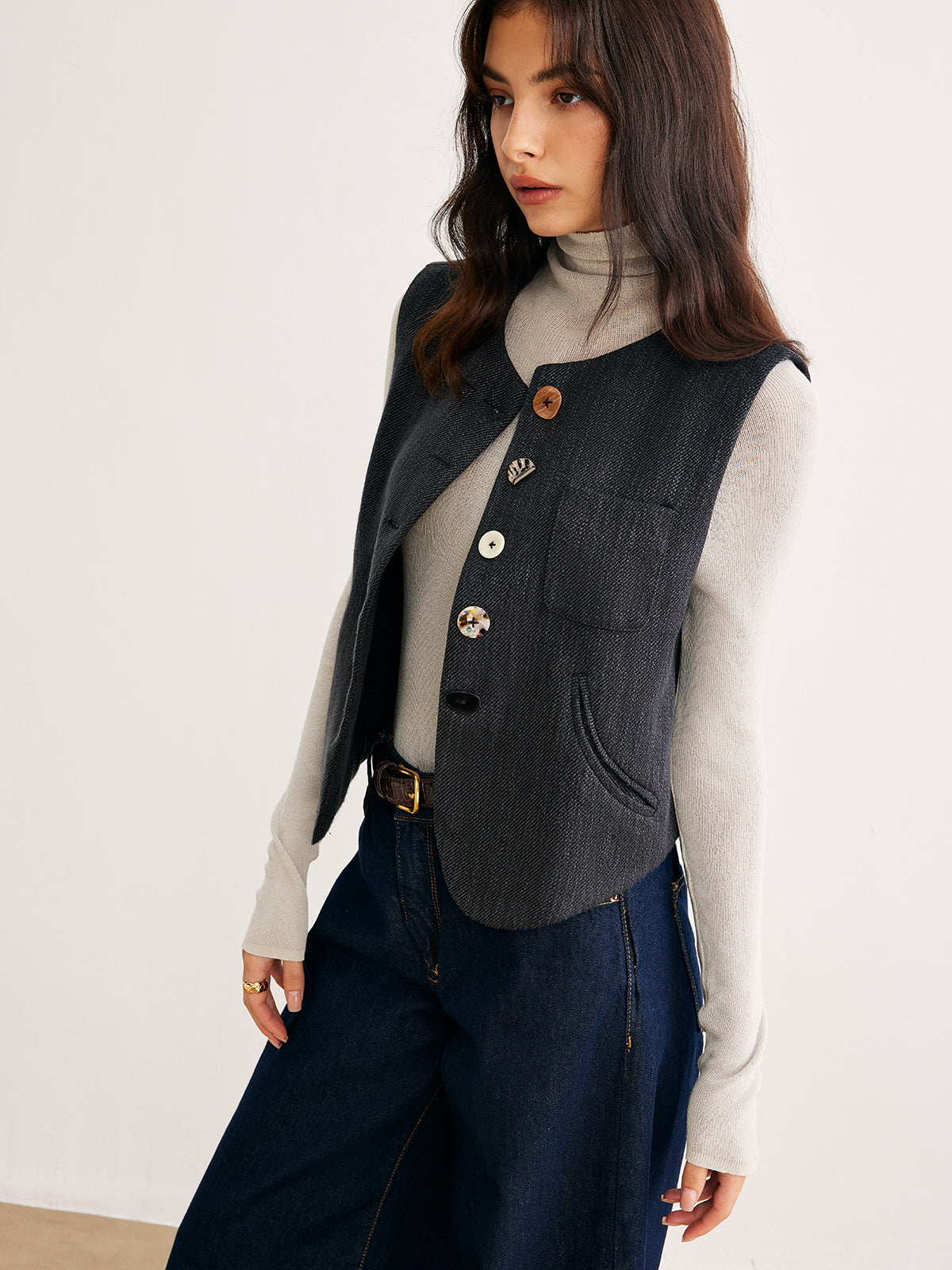 Geometric Button Short Vest