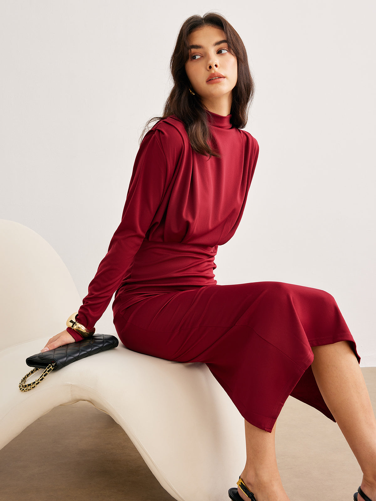 Mock Neck Pleated Jersey Dress