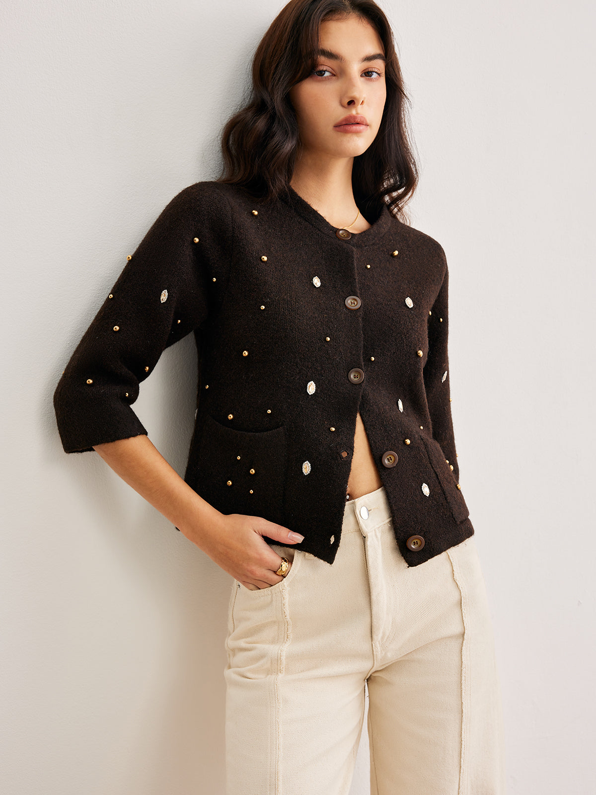 Beaded Button Short Cardigan