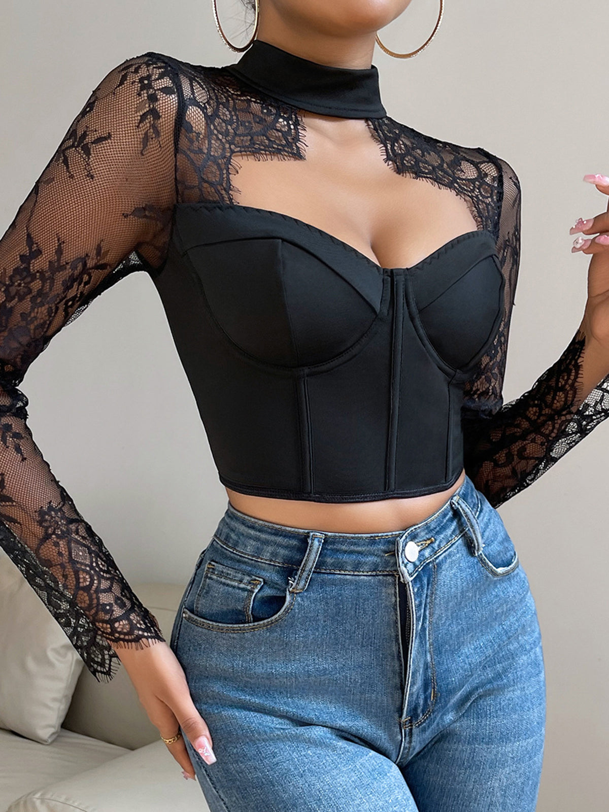 Cutout Lace Panel Corset Blouse