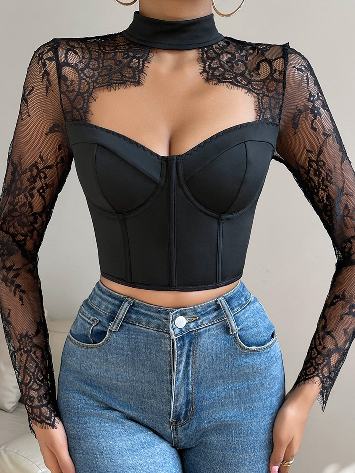 Cutout Lace Panel Corset Blouse