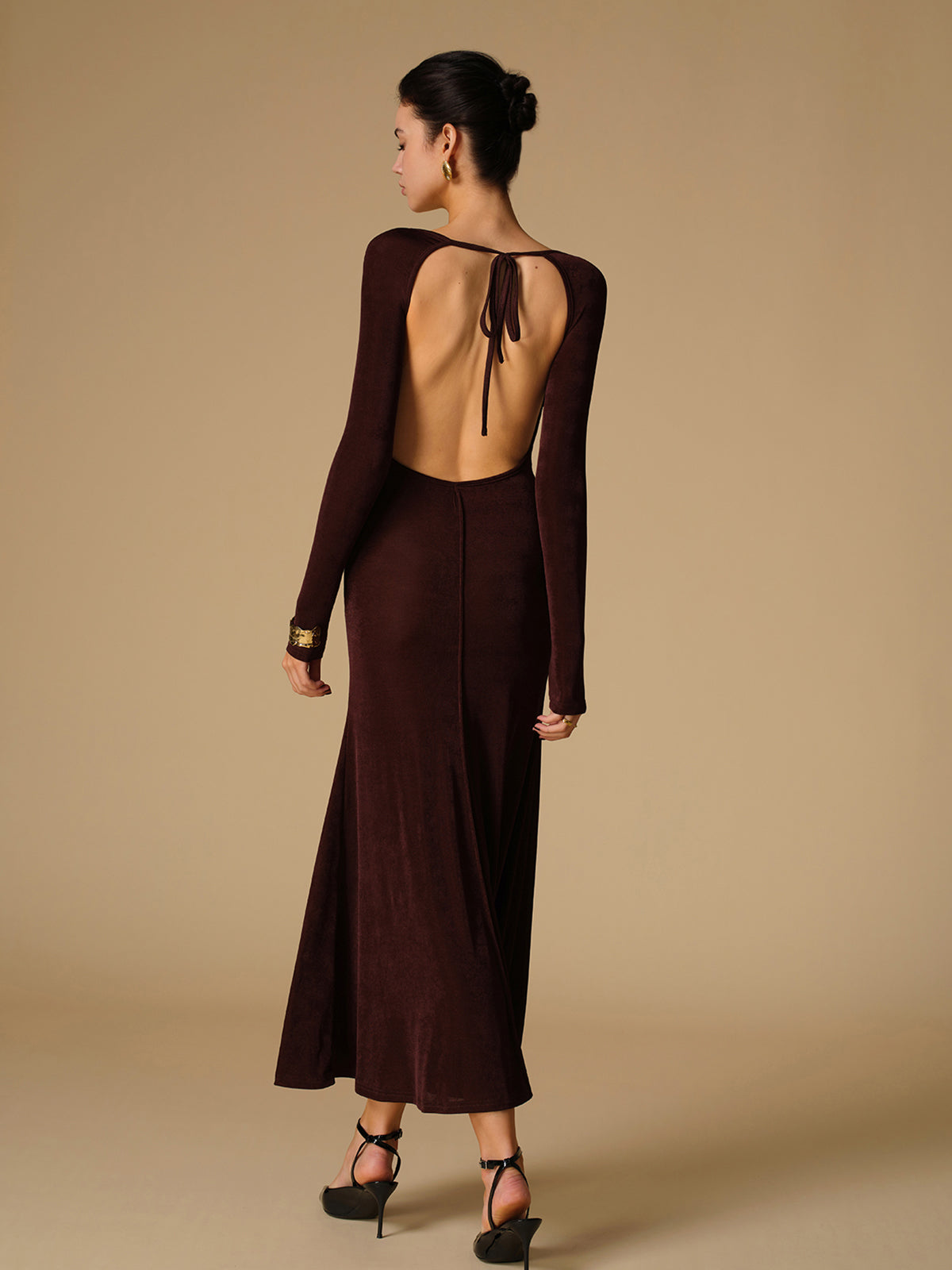 Tie Neck Backless Jersey Long Dress