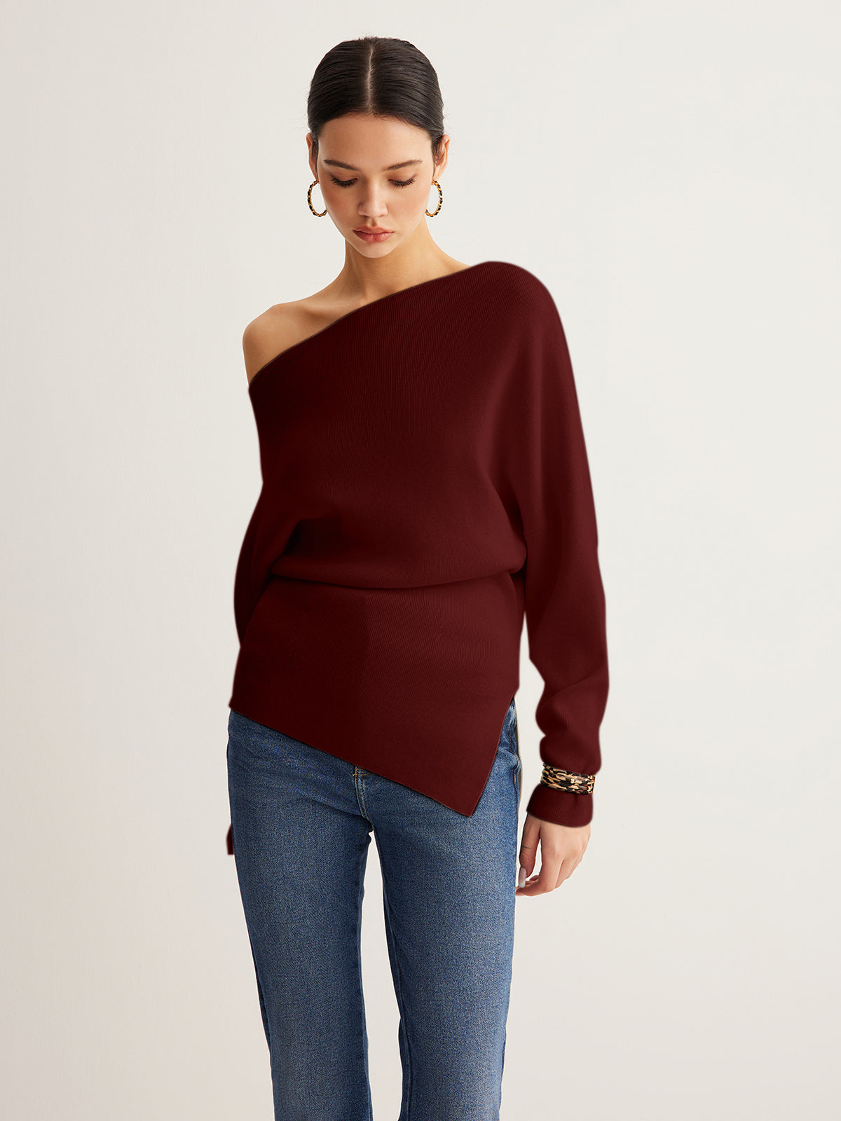 Wool-Blend Asymmetrical Neck Knit Top