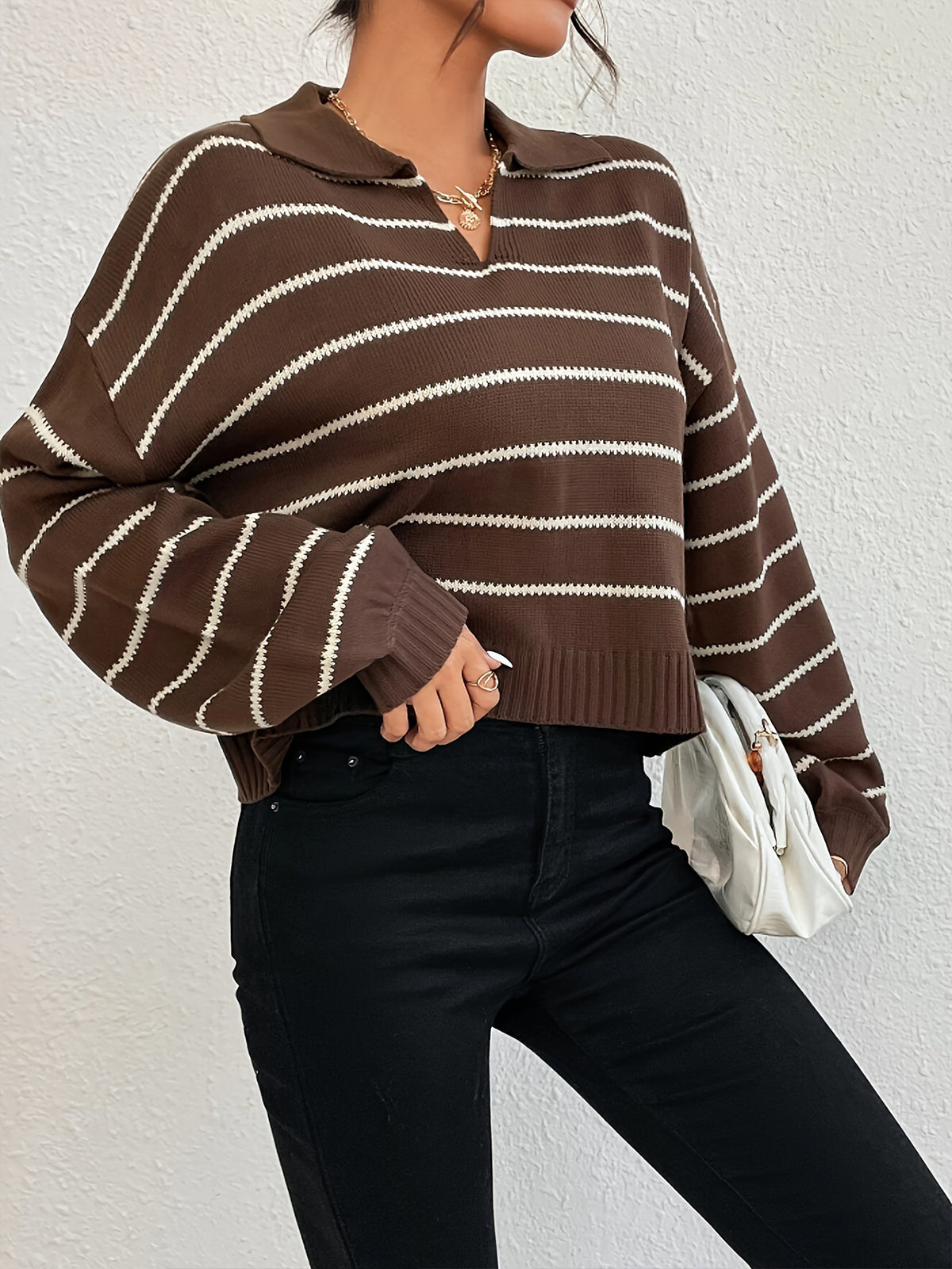 Contrast Striped Lapel Short Sweater