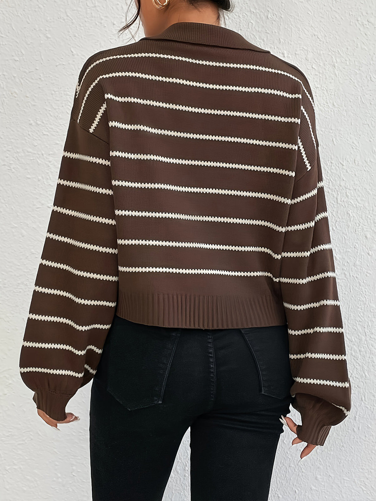 Contrast Striped Lapel Short Sweater