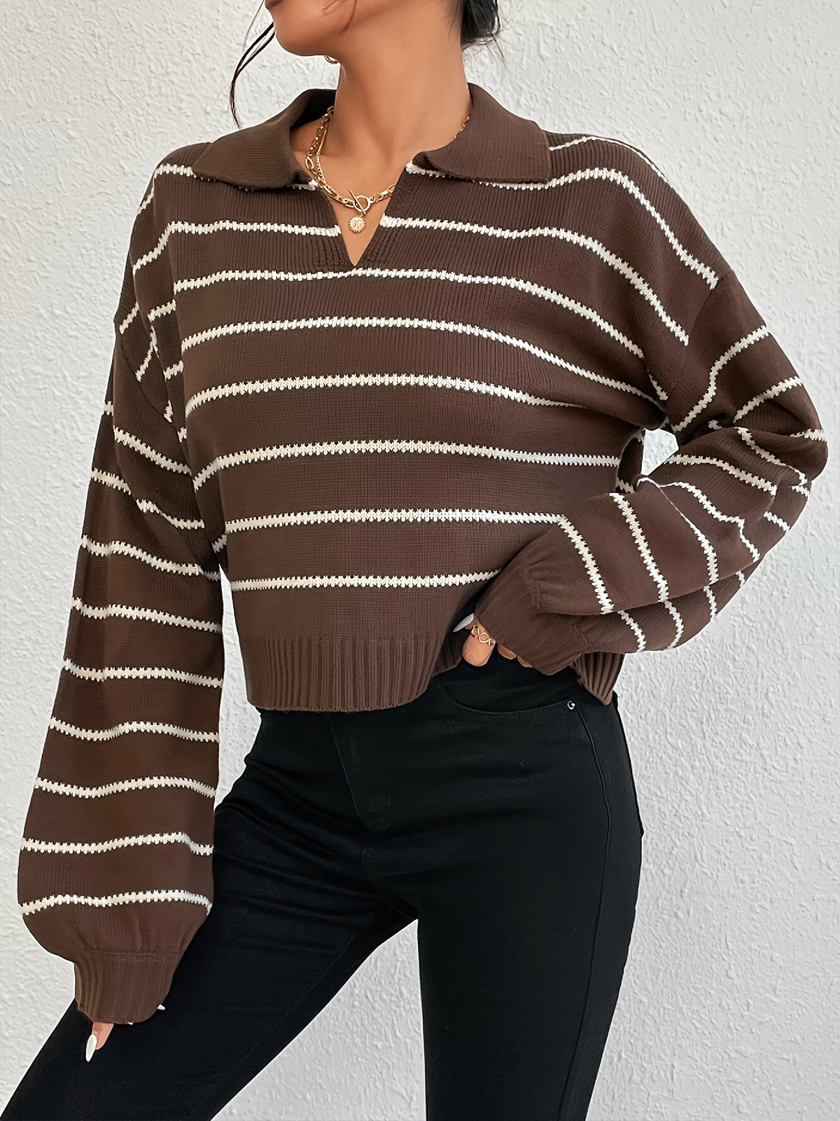 Contrast Striped Lapel Short Sweater