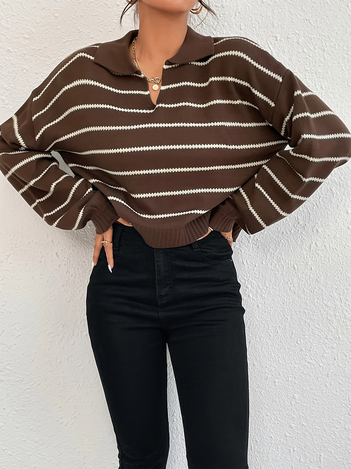 Contrast Striped Lapel Short Sweater