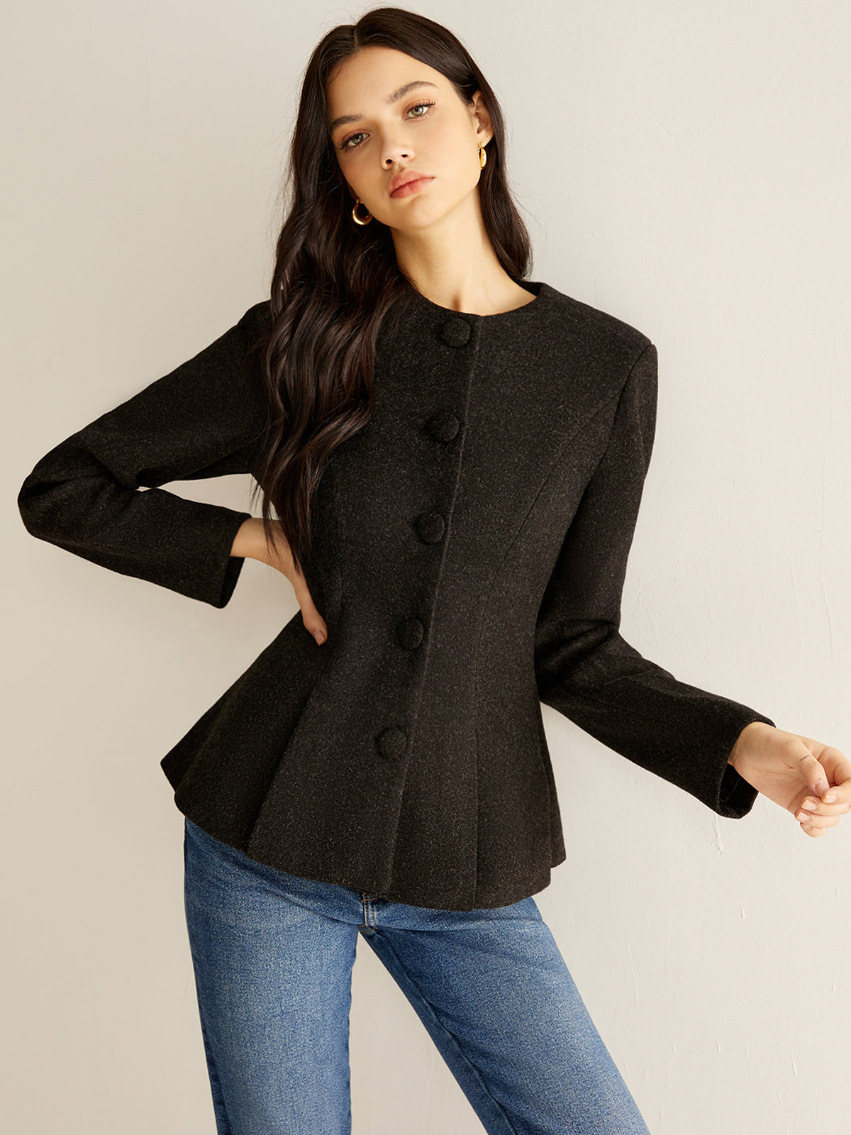 Pleated Button Slim Blazer Without Belt