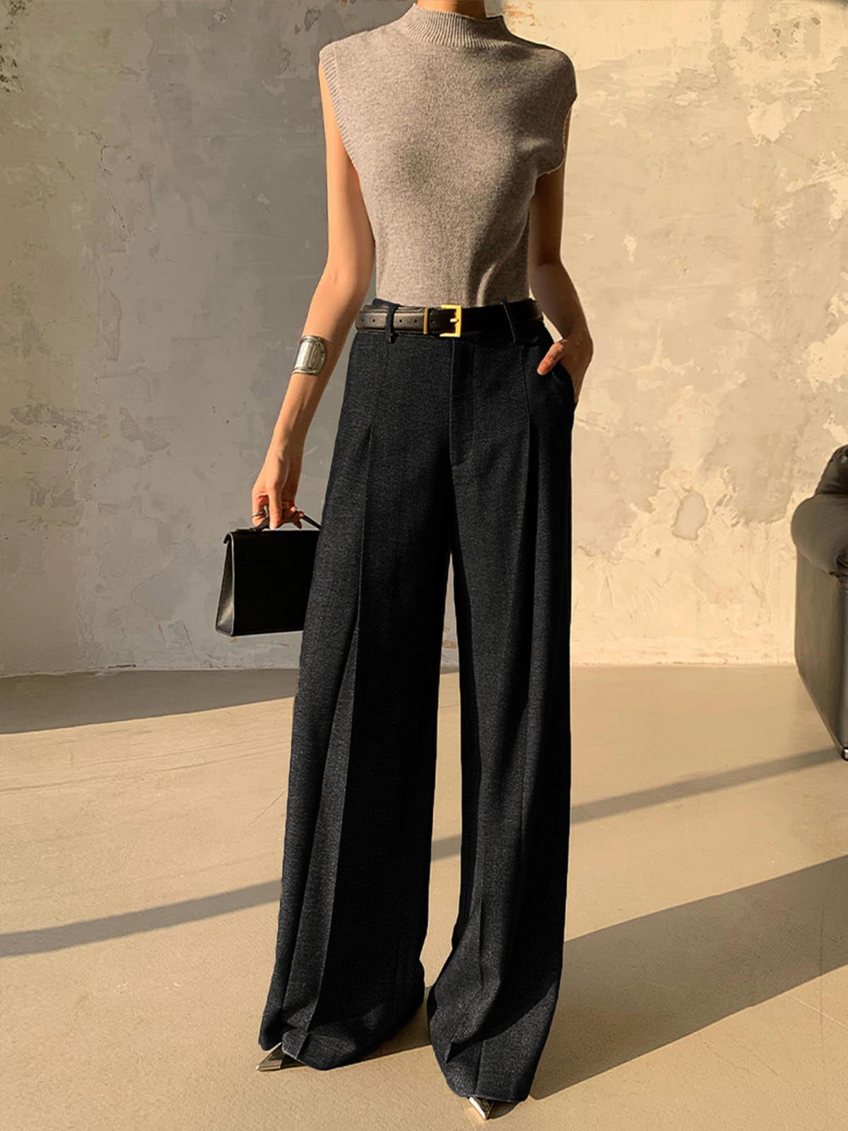 High Waist Pleated Pants Without Belt