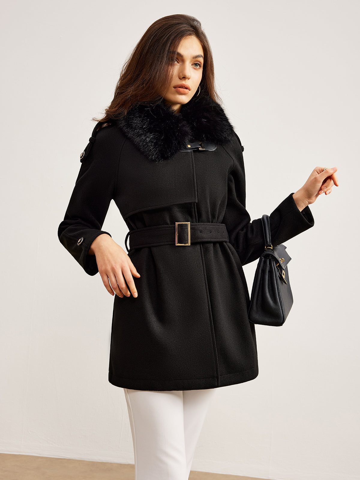 Adjustable Fur-Collar Belted Trench Coat