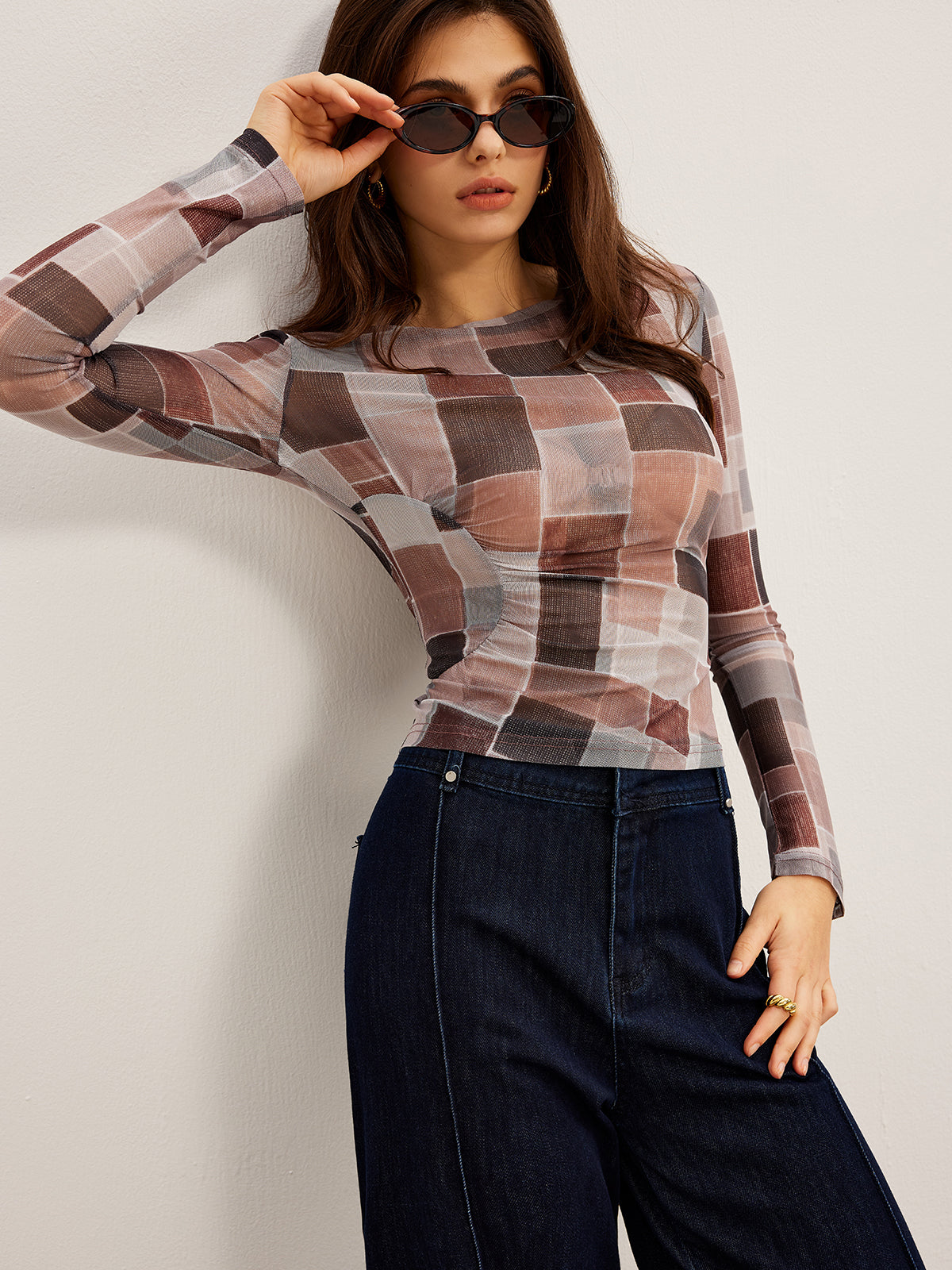 Mesh Plaid Slim Blouse