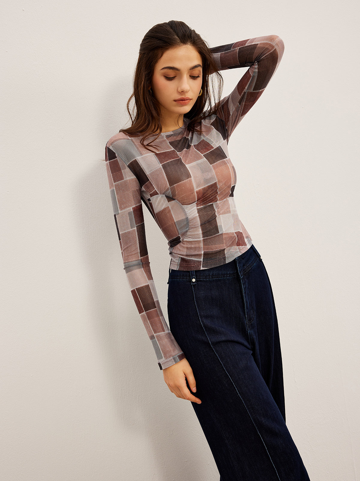 Mesh Plaid Slim Blouse