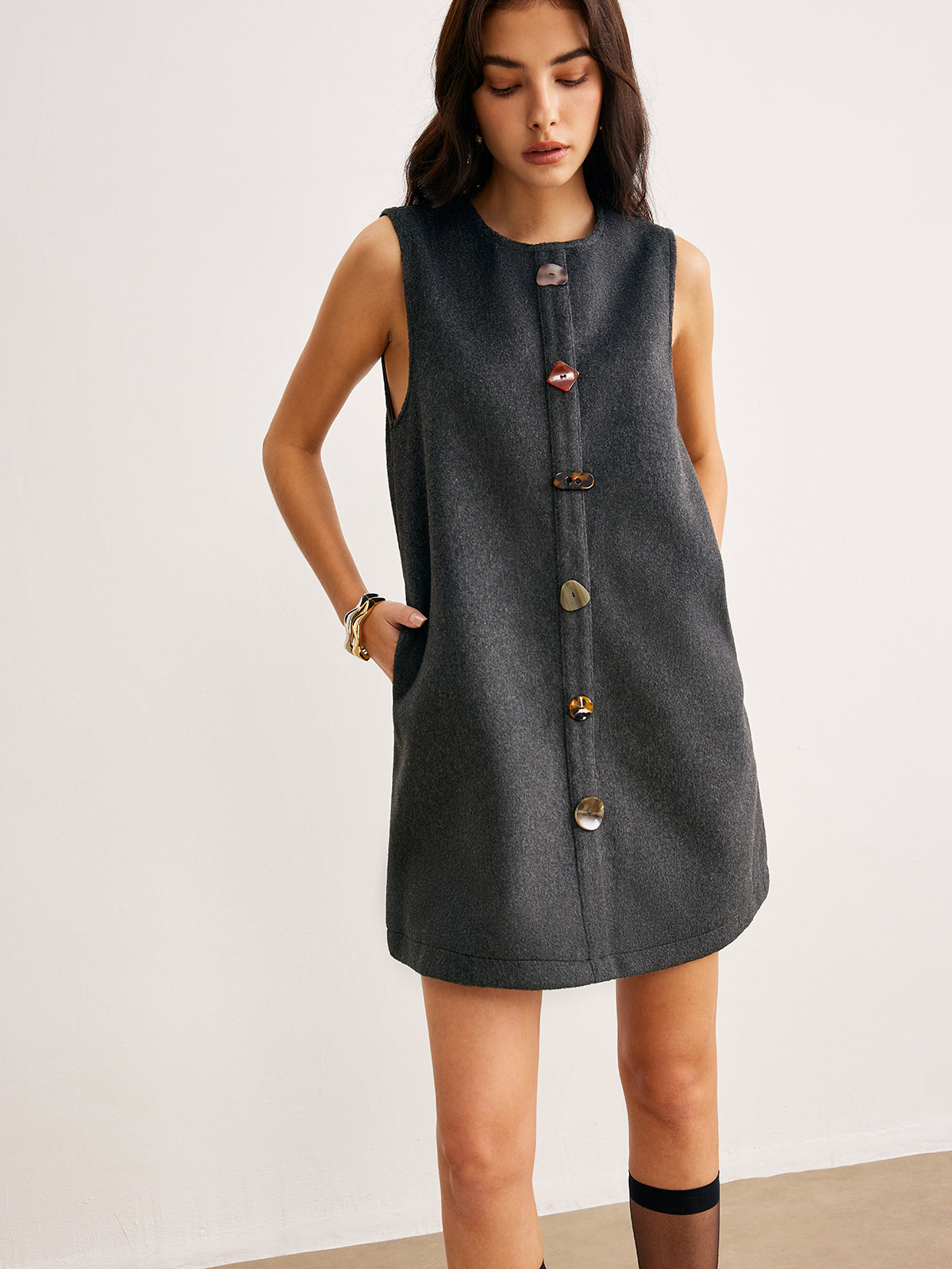 Retro Geometric Button Tank Dress