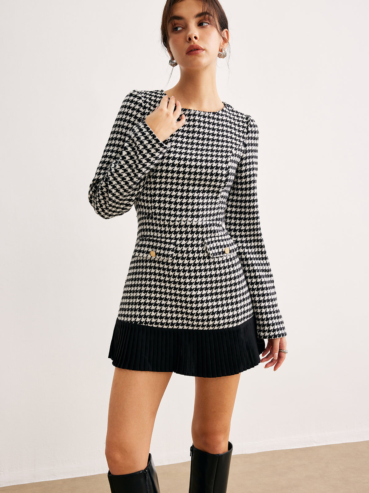 Houndstooth Panel Short Dress