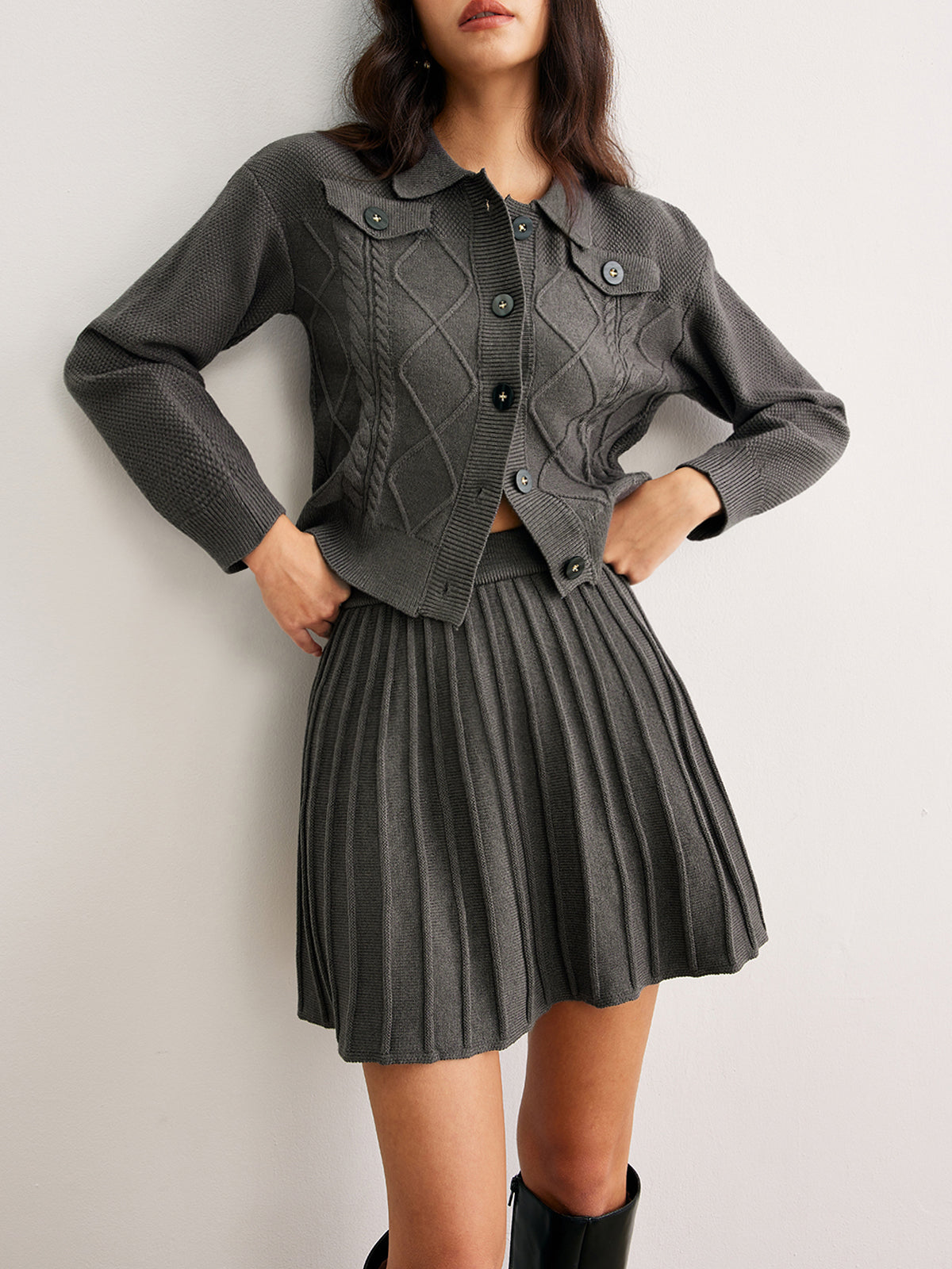 Cable-Knit Pleated Skirt Set