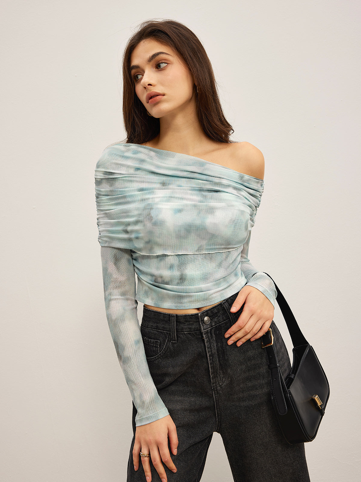 Tye Dye Printed Ruched Mesh Blouse