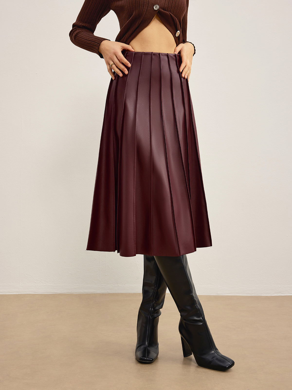 Faux Leather Pleated Midi Skirt