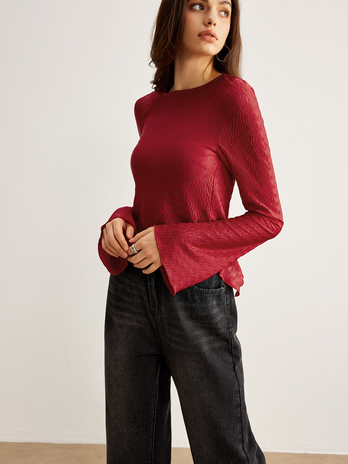 Curve Textured Backless Tie Blouse