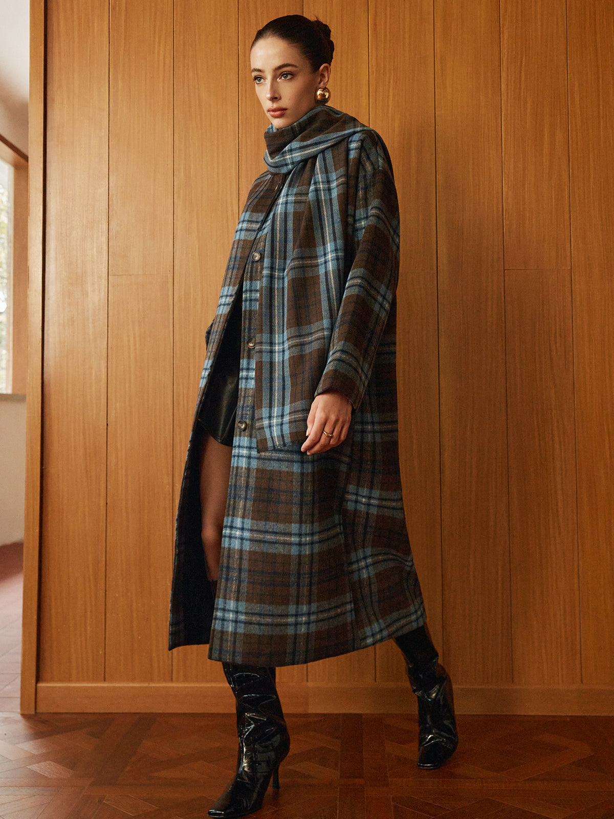 Checked Tweed Long Coat With Scarf