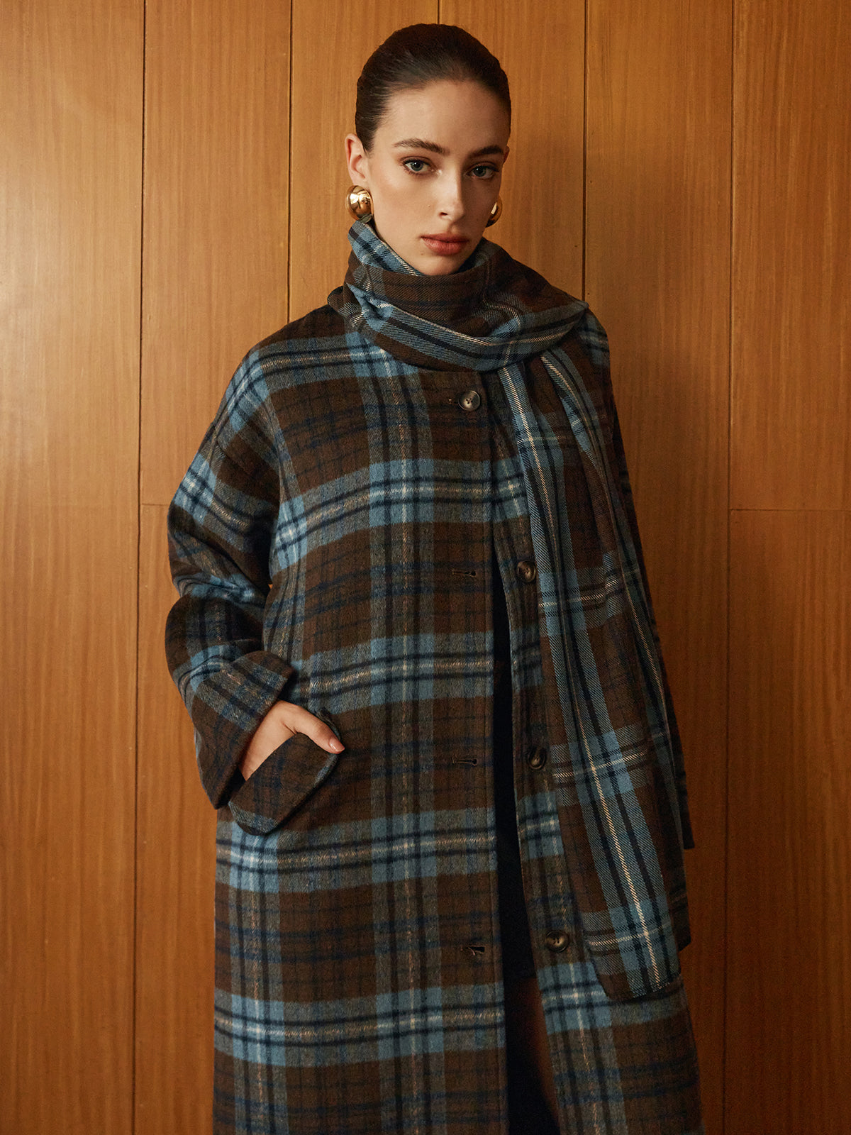 Checked Tweed Long Coat With Scarf