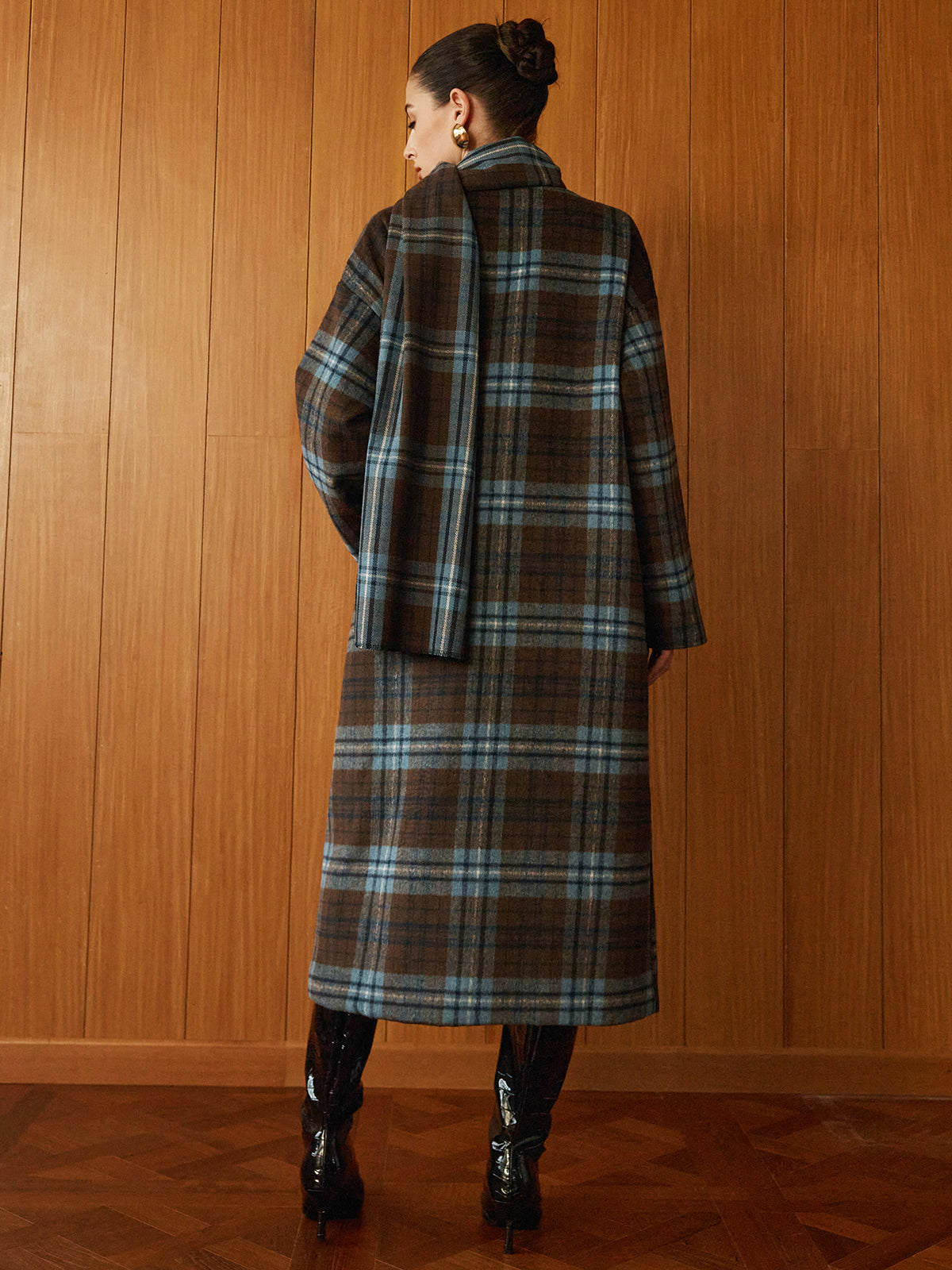 Checked Tweed Long Coat With Scarf