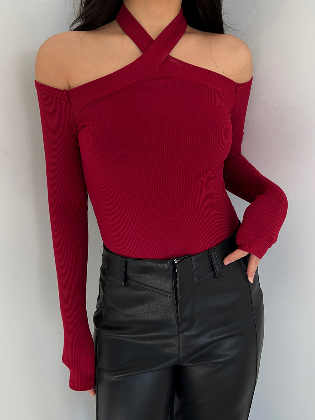 Criss Cross Cold-Shoulder Ribbed Top