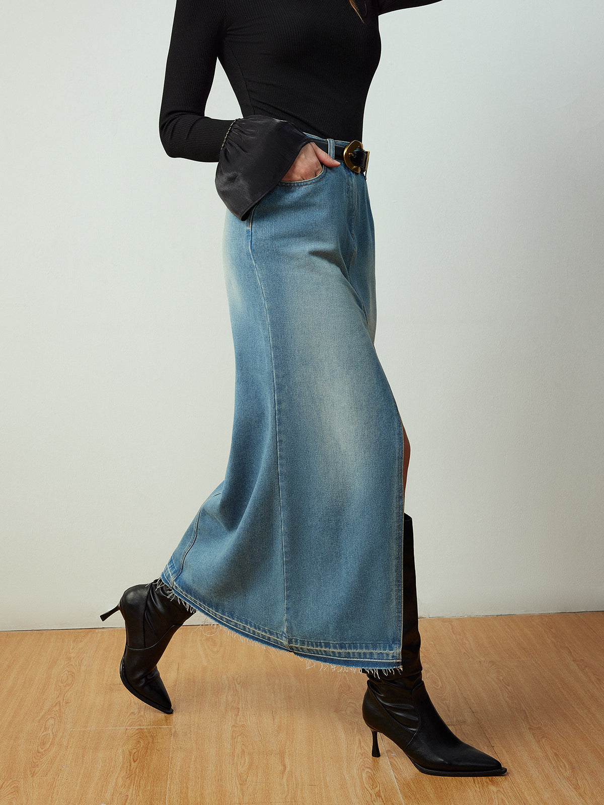 Split Denim Pockets Skirt Without Belt