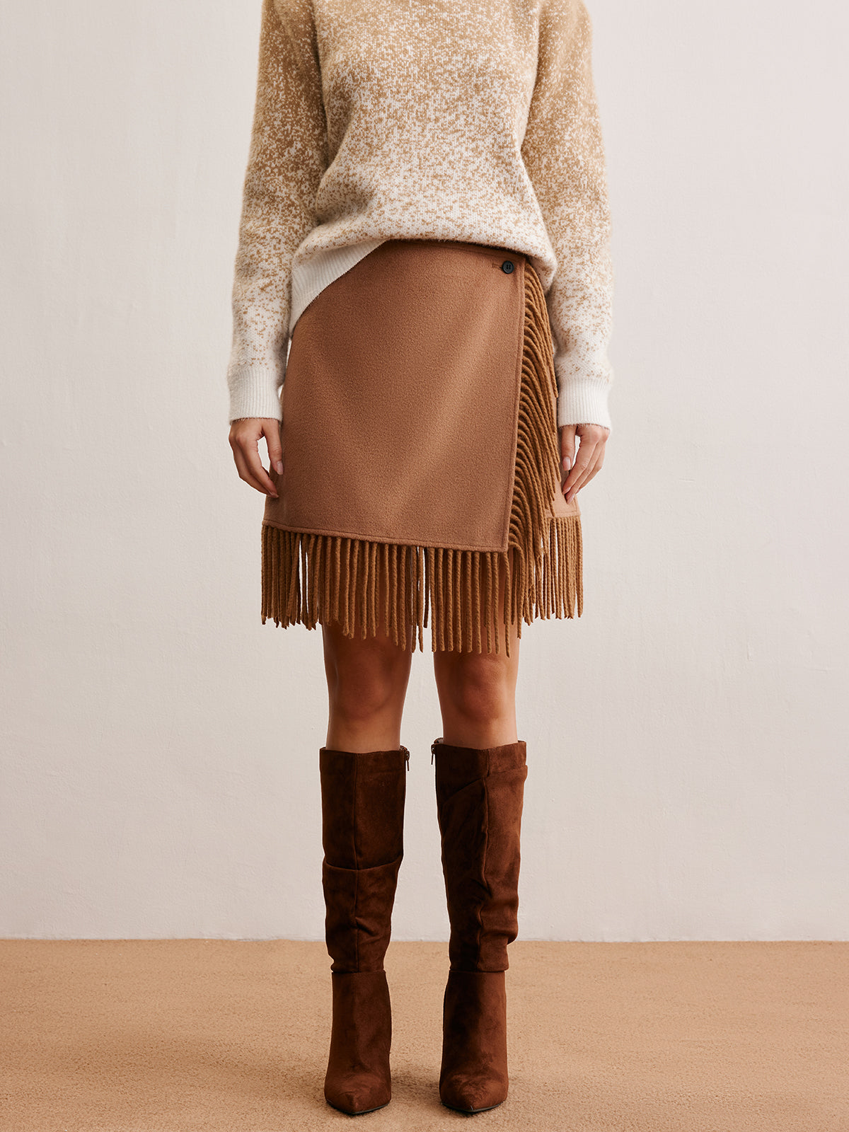 Wool-Blend Button Tassel Mini Skirt