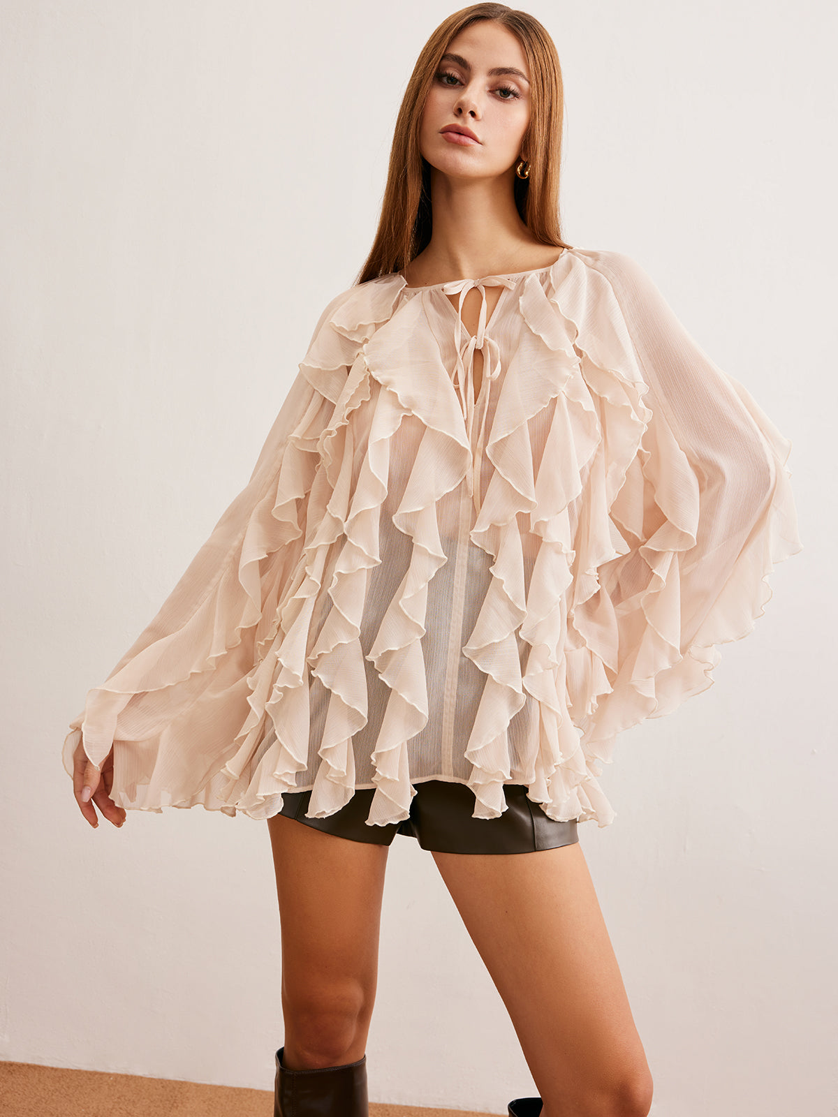 Tie Front Ruffle Chiffon Top