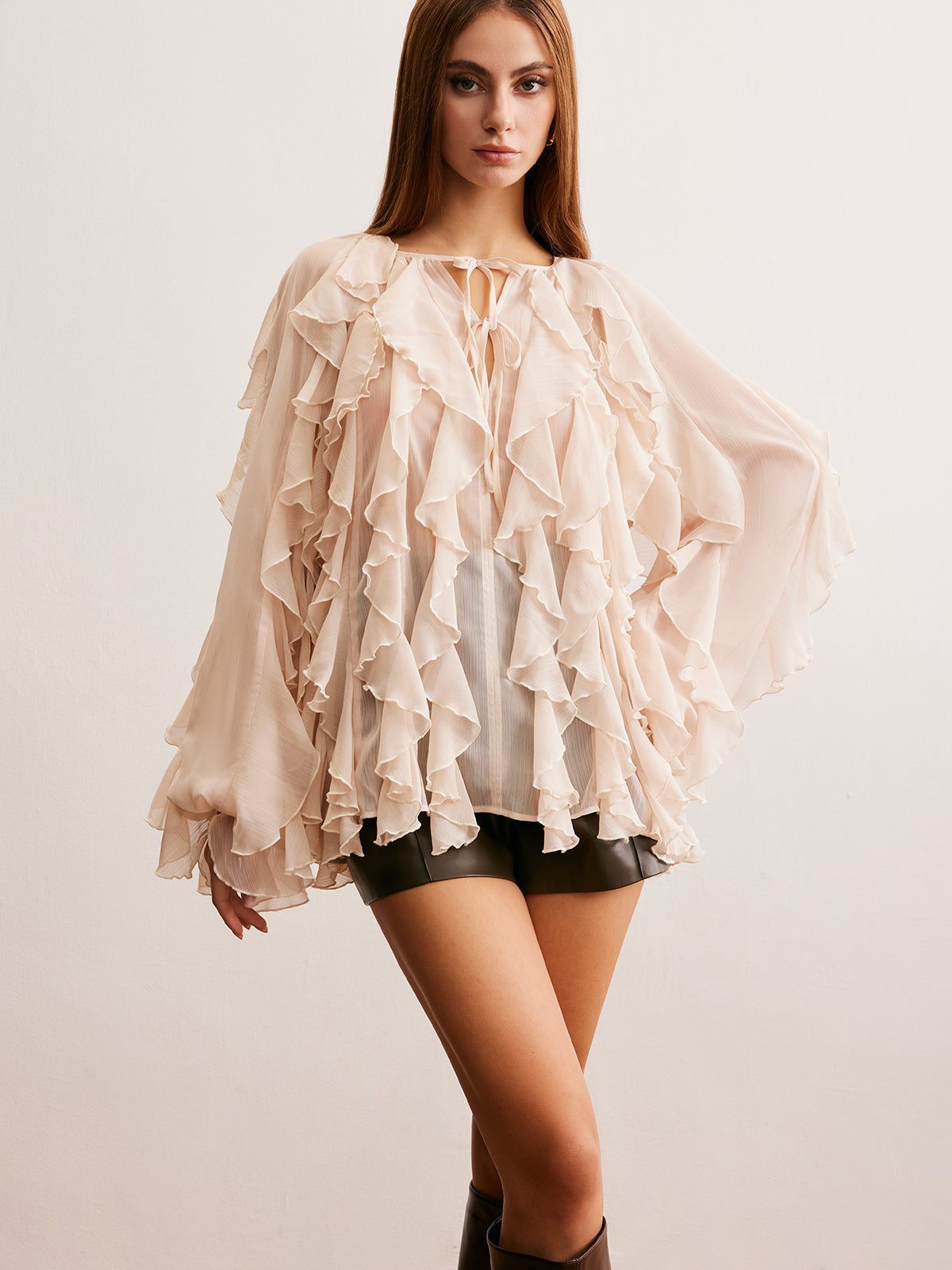 Tie Front Ruffle Chiffon Top