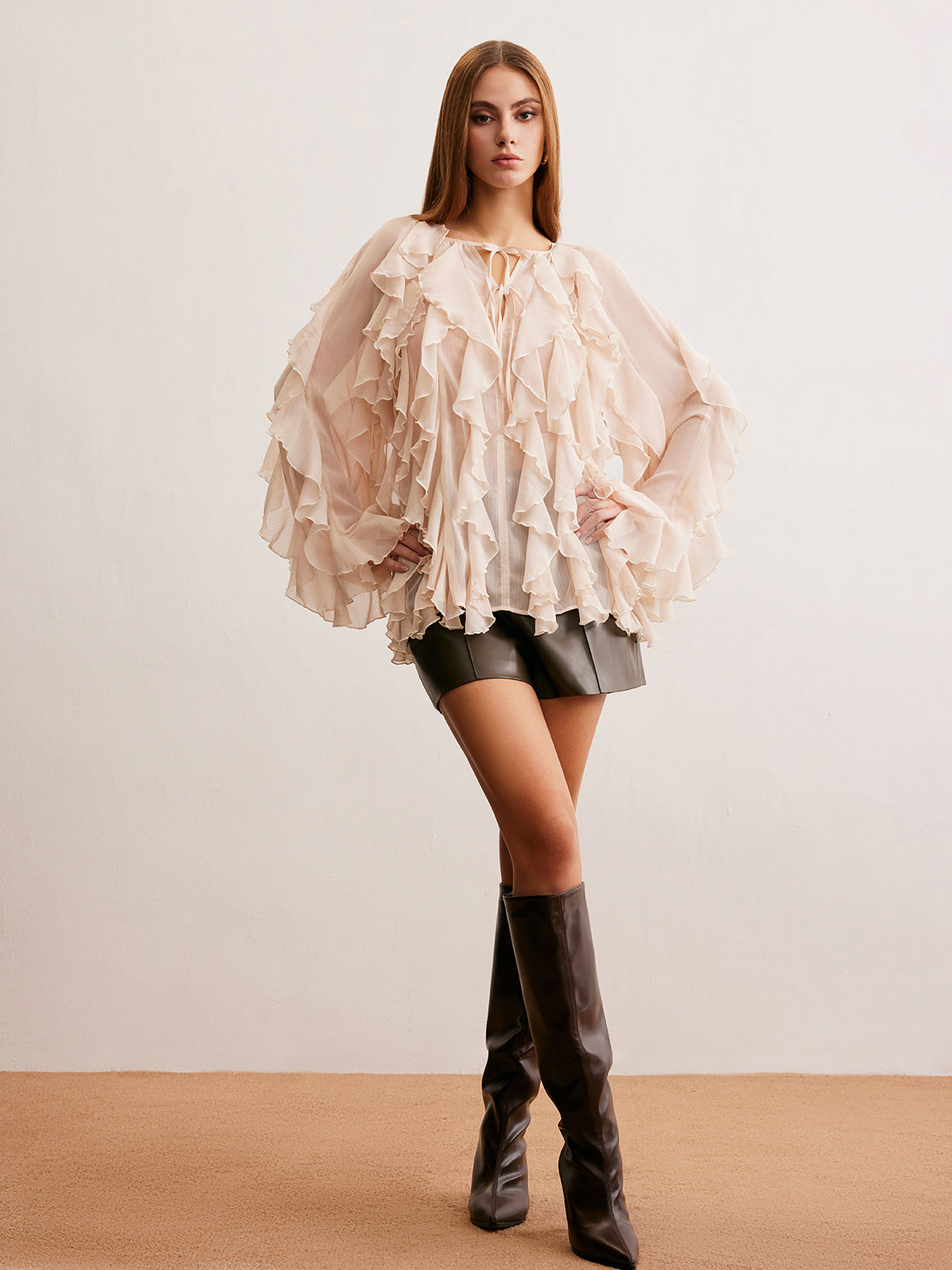 Tie Front Ruffle Chiffon Top