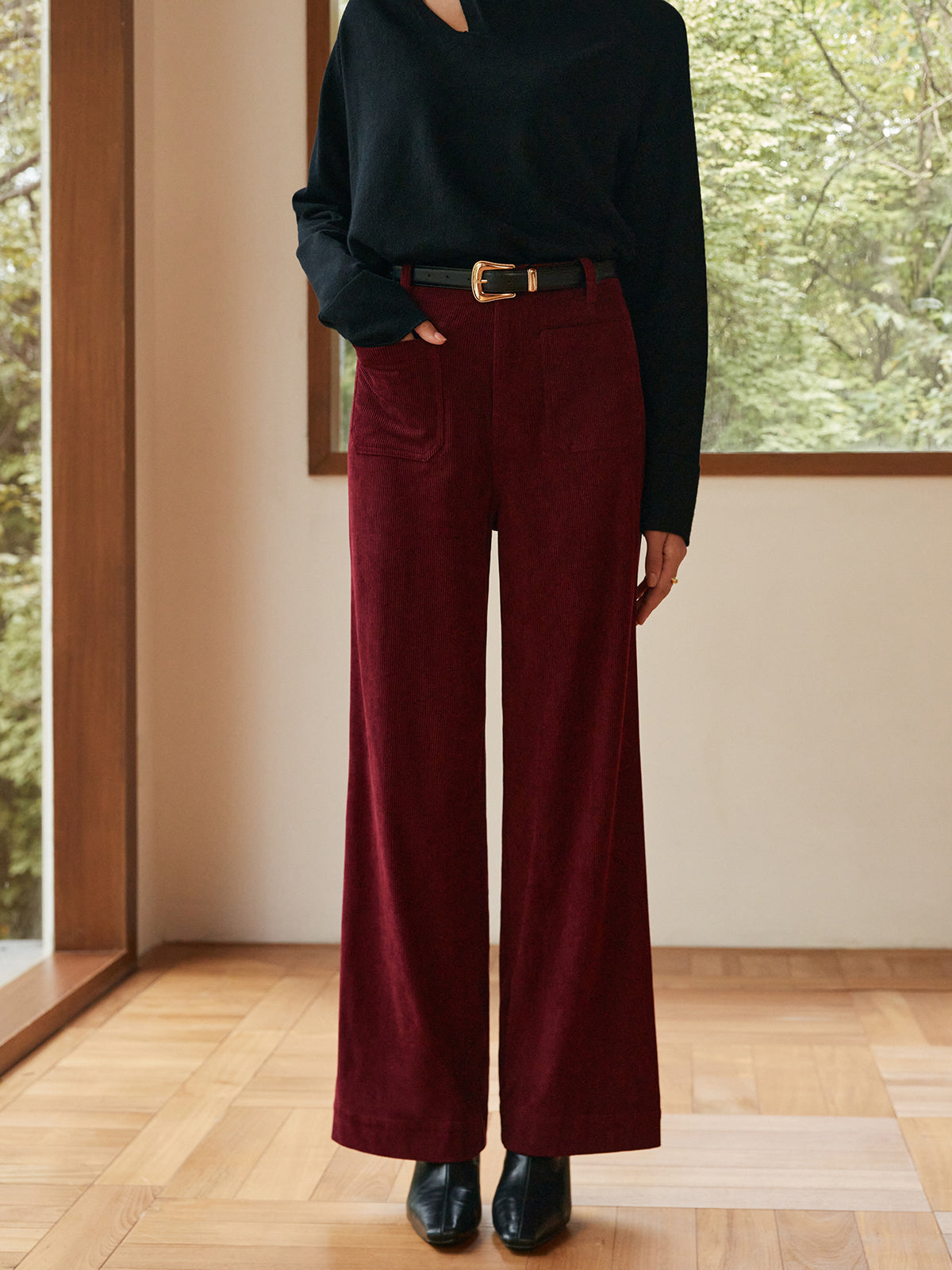 Corduroy Pockets Belted Pants