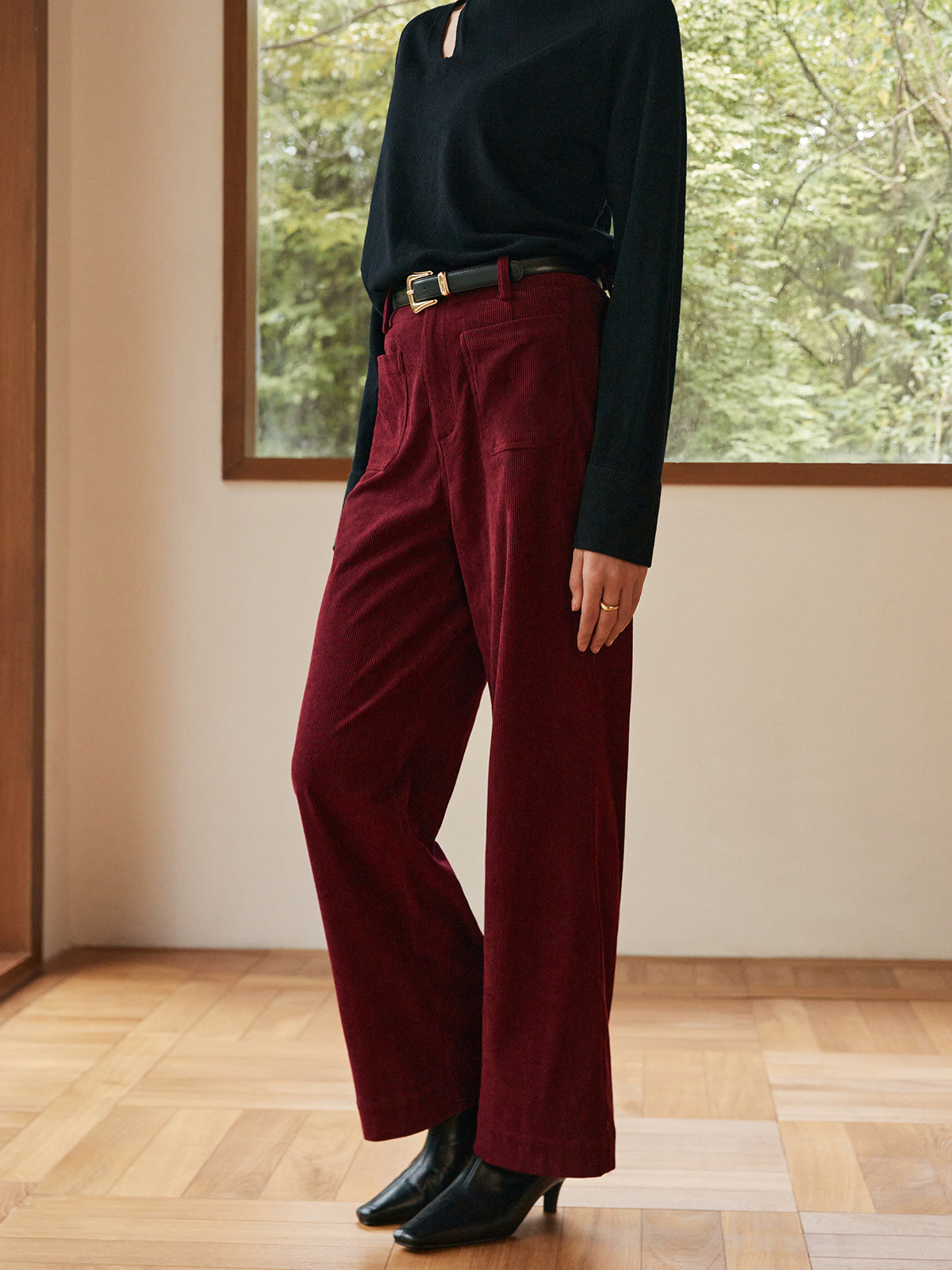 Corduroy Pockets Belted Pants