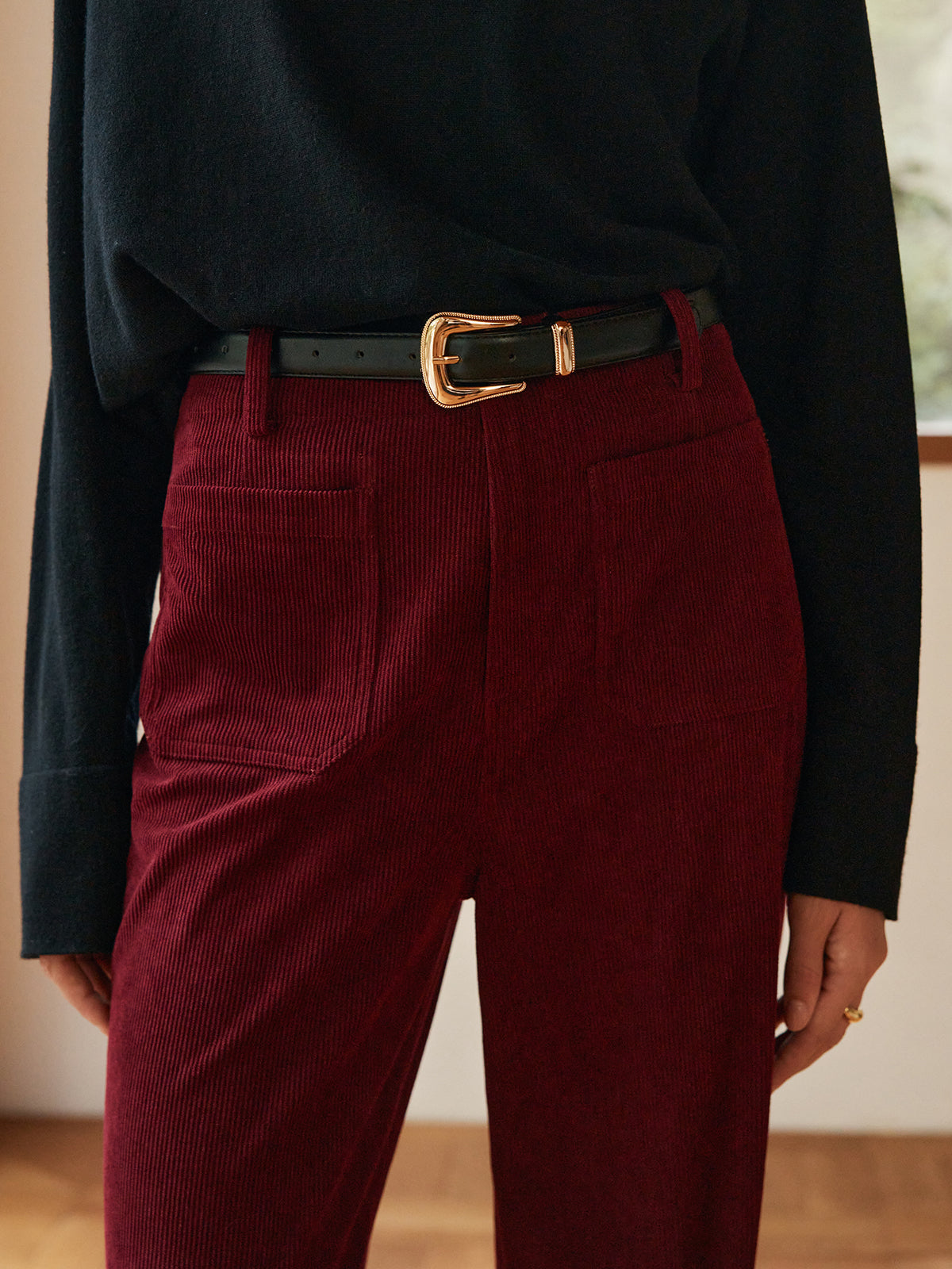 Corduroy Pockets Belted Pants