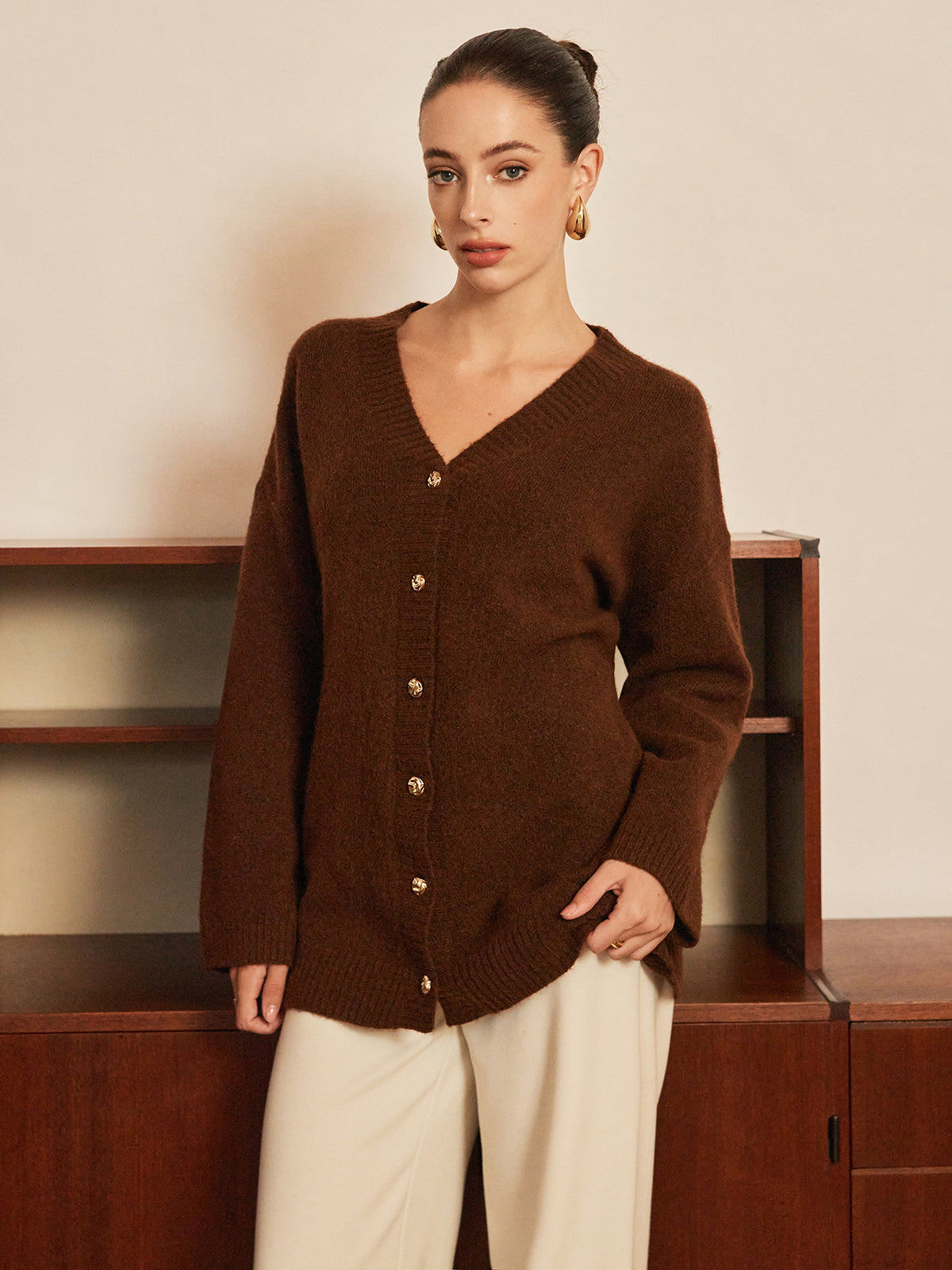 Wool-Blend Metal-Button Belted Cardigan