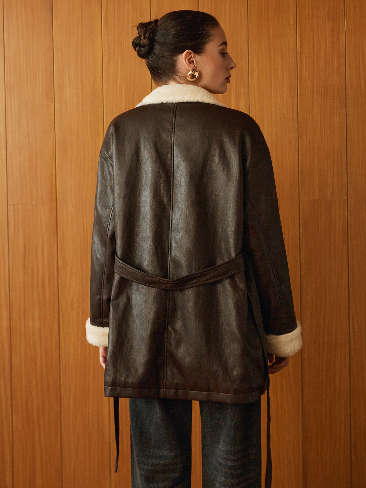 Fleecing PU Leather Belted Jacket