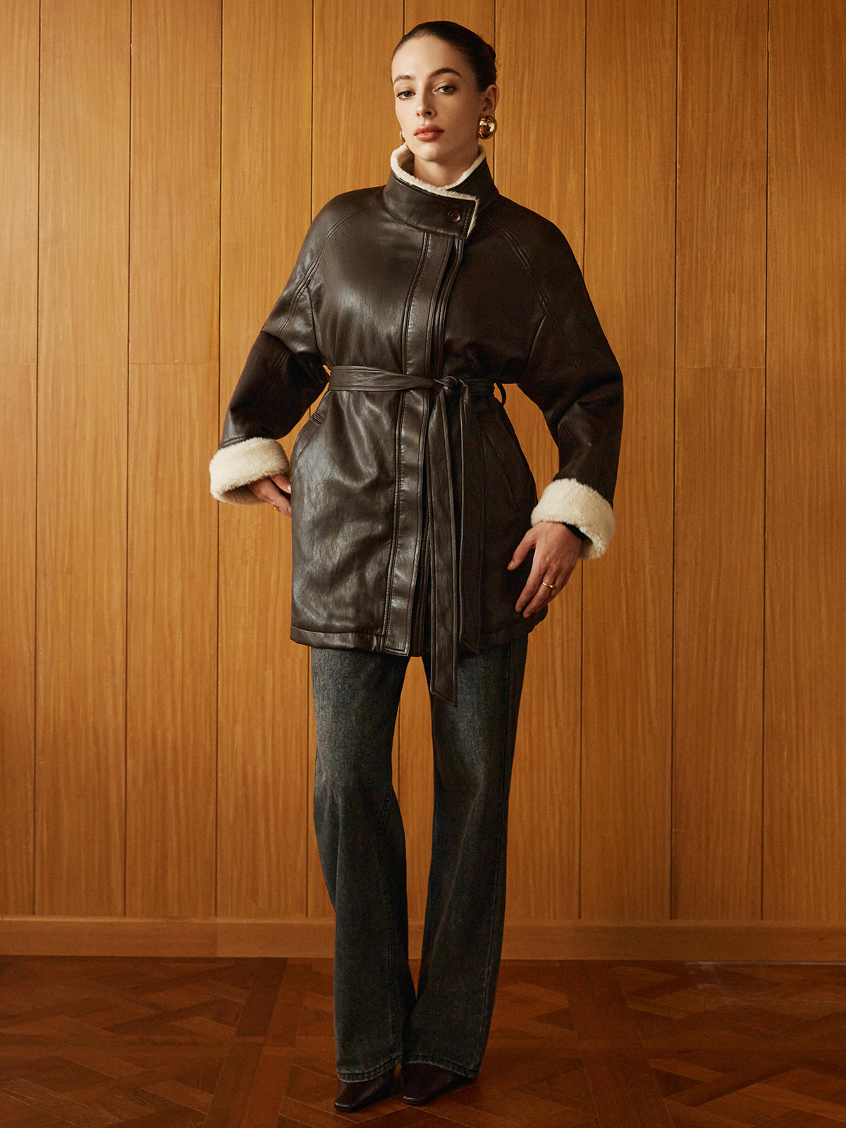 Fleecing PU Leather Belted Jacket